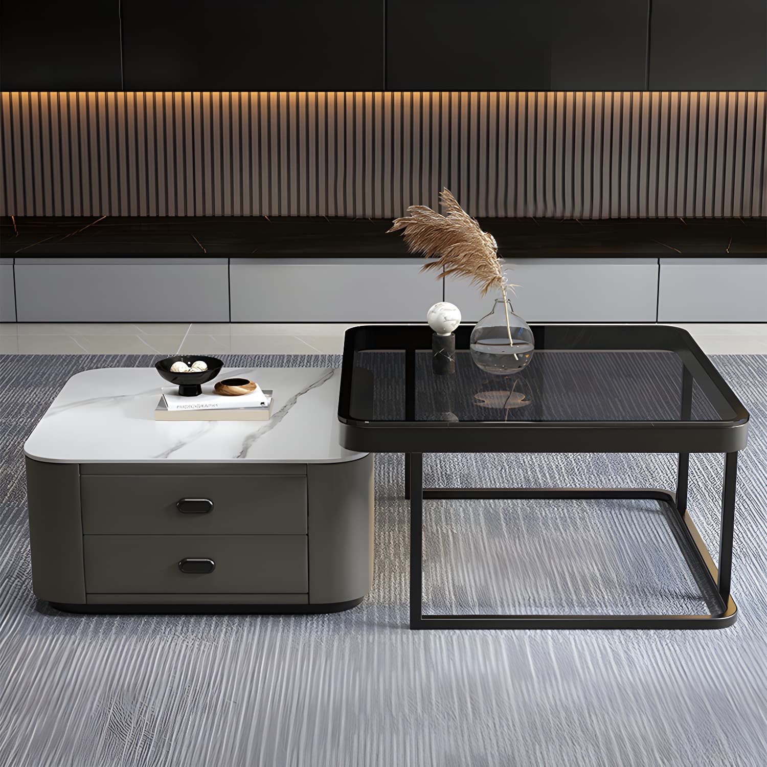 Square Coffee Table Glass Top 2 Nesting Coffee Table Set with Storage thumbnail 14