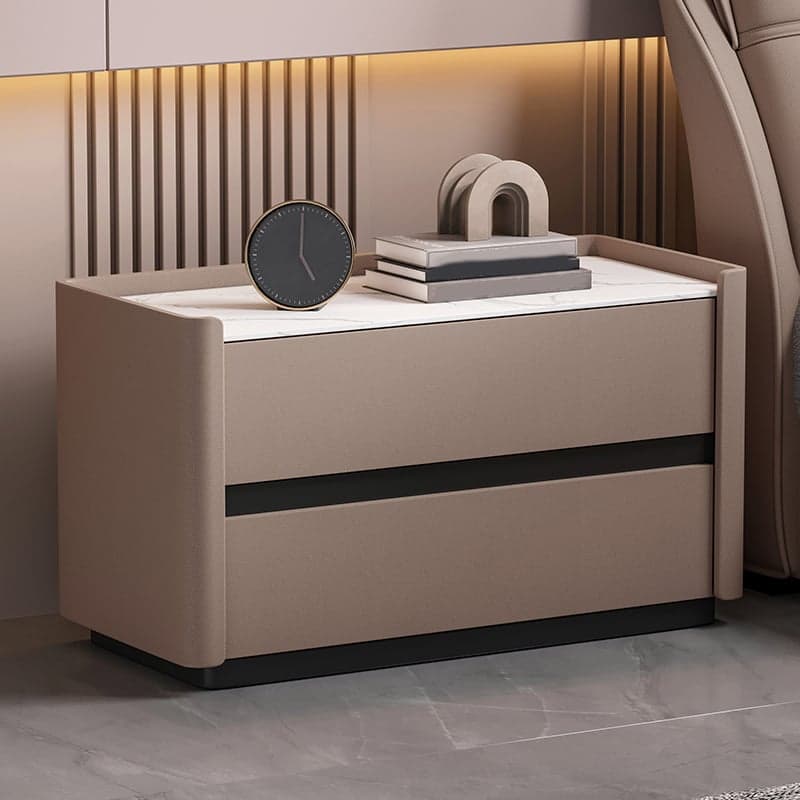 Modern Faux Leather Nightstand with 2 Drawers in Stone Countertop thumbnail 6