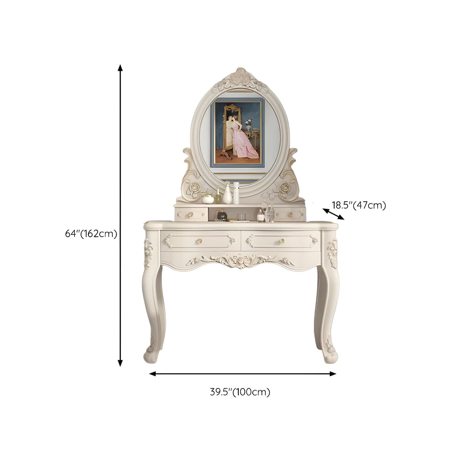 Elegant White Victorian Makeup Vanity Set with Wood Top & Mirror & Drawers & Upholstered Chair thumbnail 13