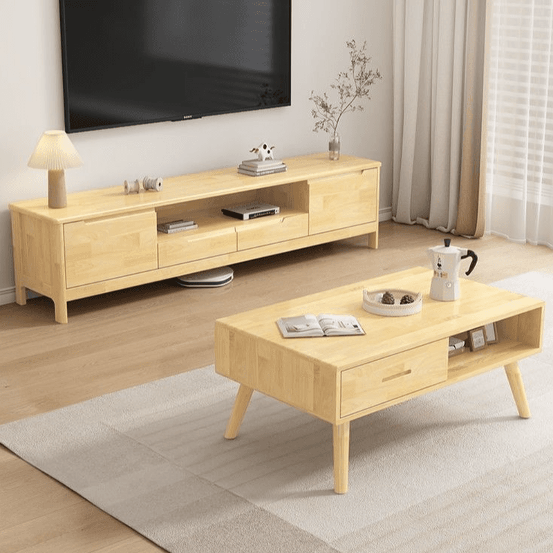 Modish Pine Wood TV Stand with Shelf, 2 Drawers, 2 Cabinets, and Unenclosed Storage thumbnail 5