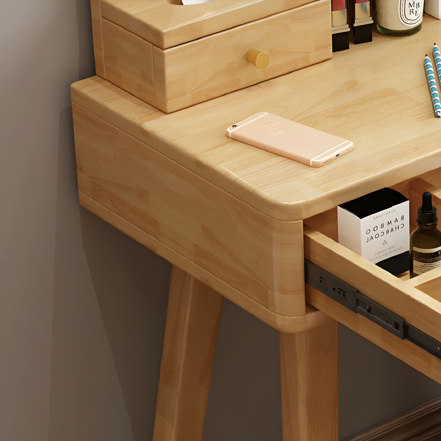 Modern Wood Makeup Vanity with Drawers, Mirror & Upholstered Chair thumbnail 13