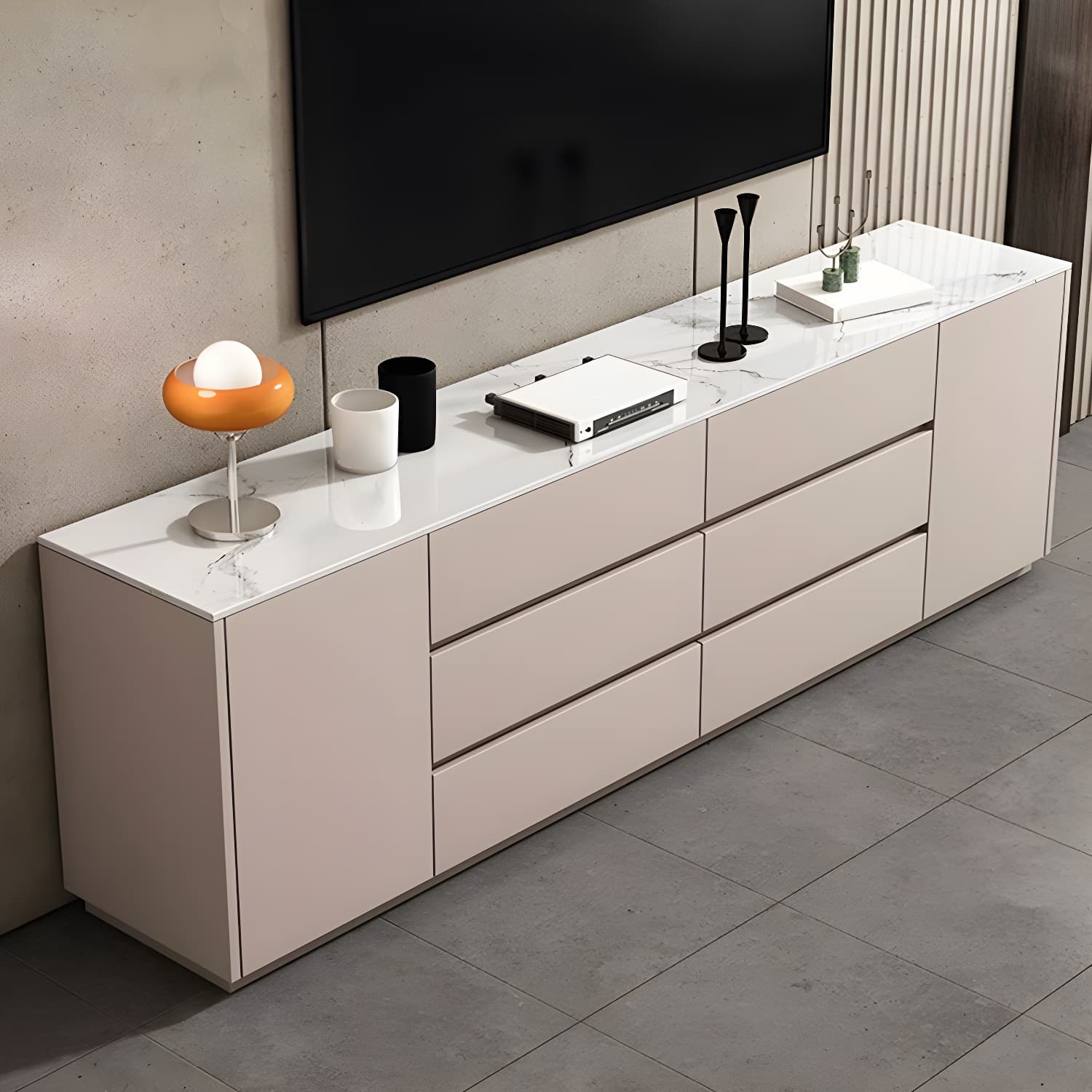 Modern Stone TV Stand with 6 Drawers and 2 Cabinets - Sleek and Stylish Design thumbnail 9
