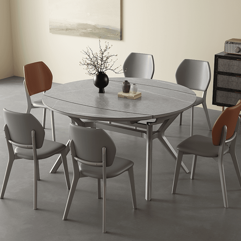 Minimalist Rounded Slate Dining Table Set with 4 Legs, Fold-away Leaf, and Light Gray/White Finish thumbnail 2