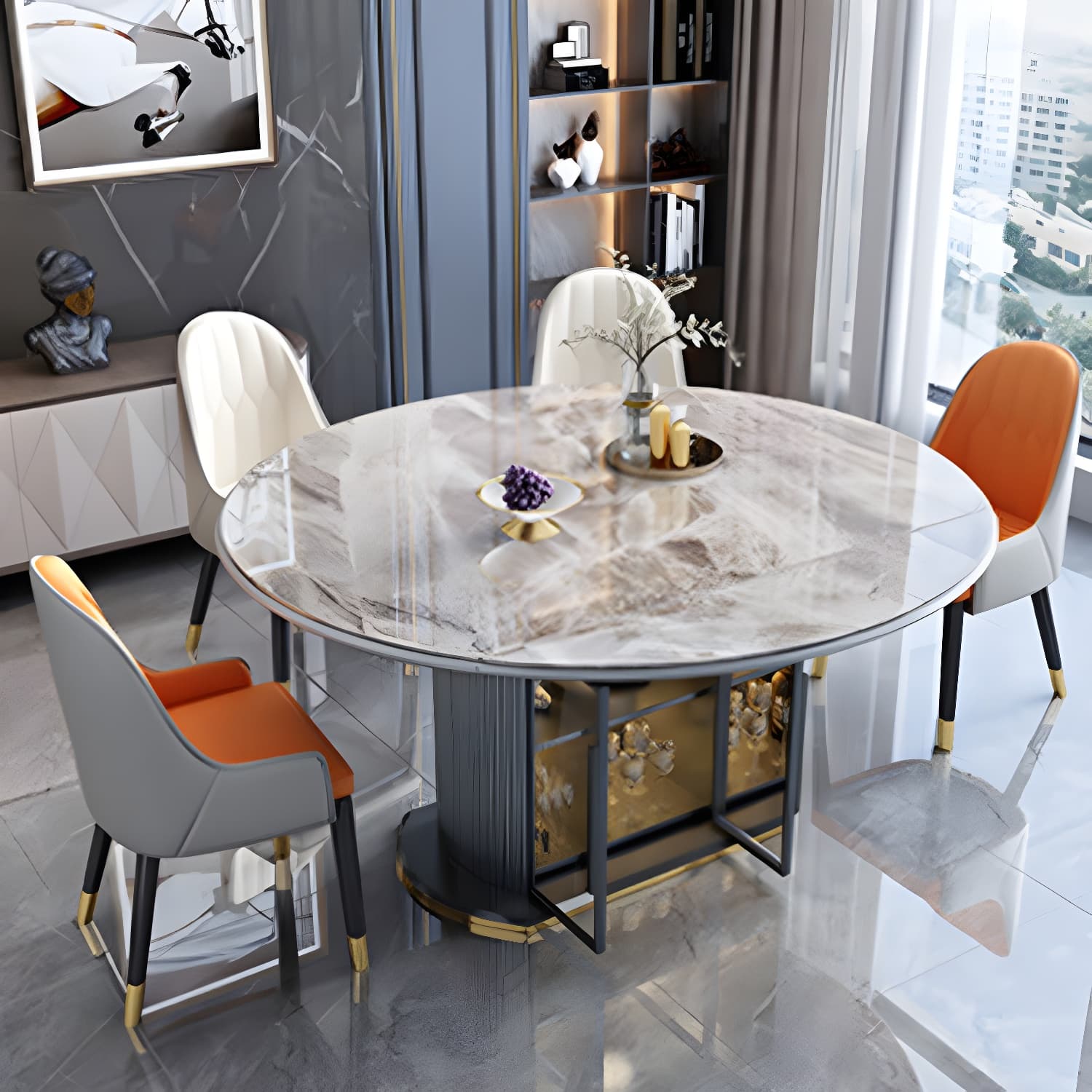 Modern 1/4/5/7 Pieces Dining Furniture Stone Round Dining Chairs Set in White thumbnail 3