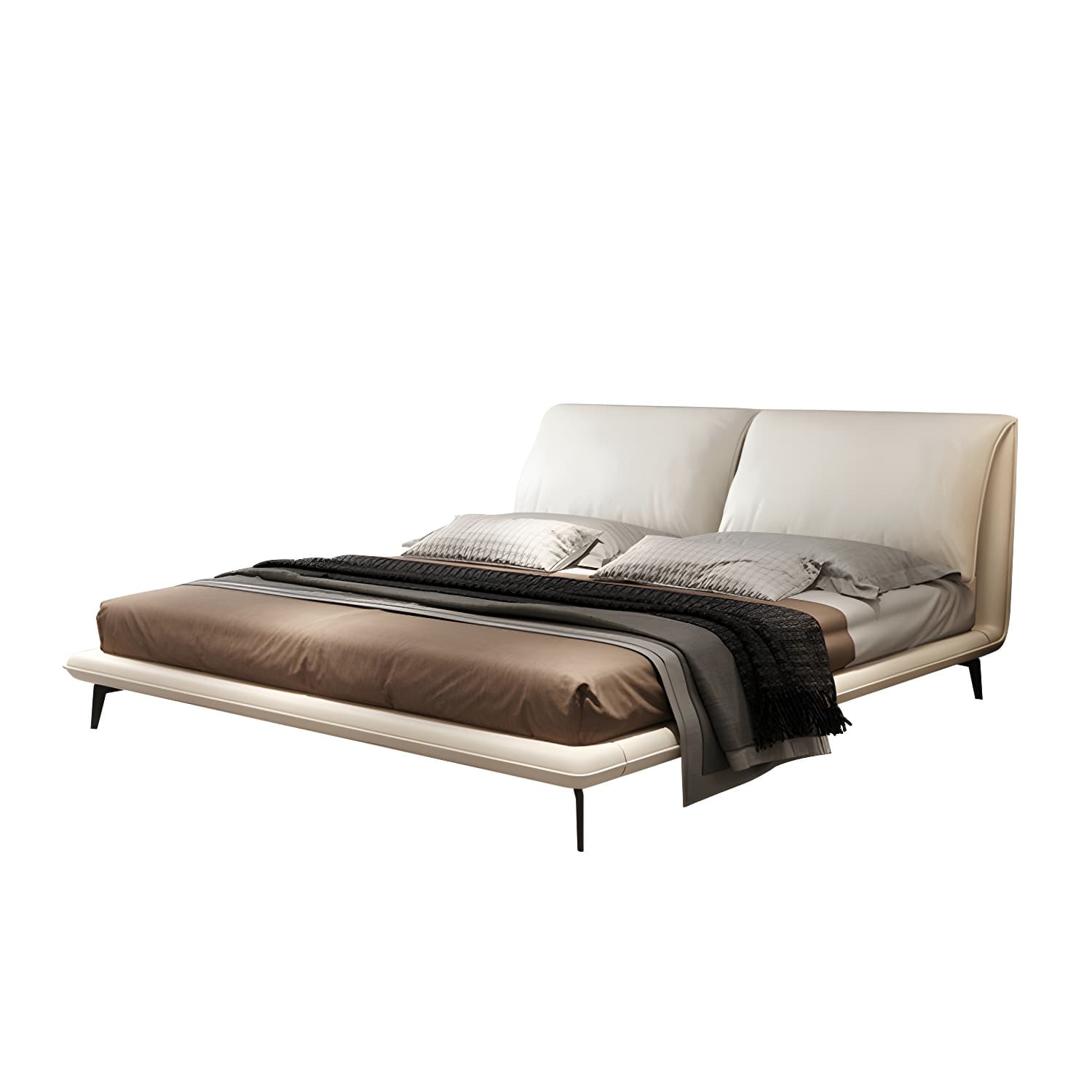 Modern Low Profile Panel Bed Genuine Leather Upholstered Bed Frame thumbnail 6