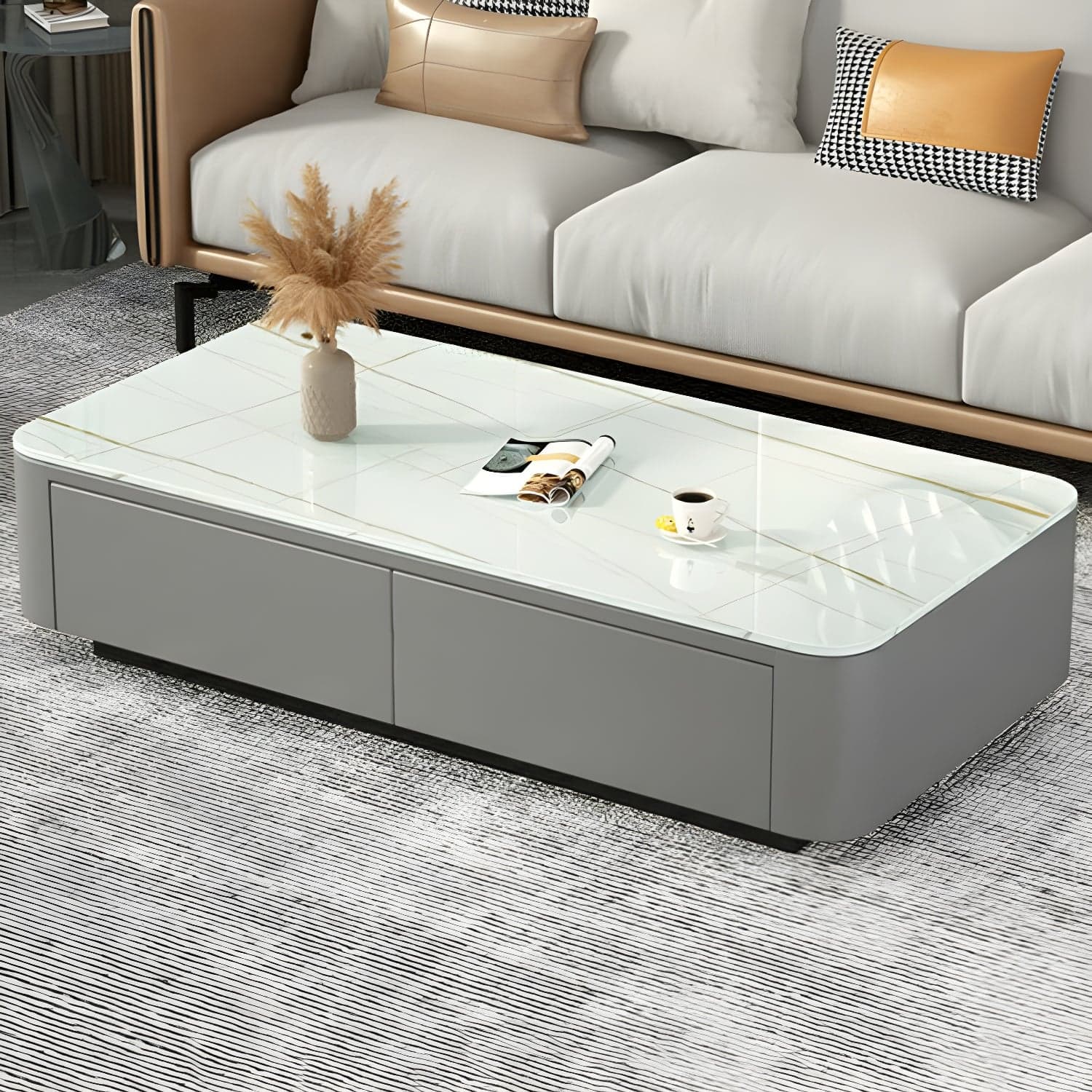 Modern Rectangular Coffee Table with Tempered Glass Top & Black Wood Base thumbnail 3