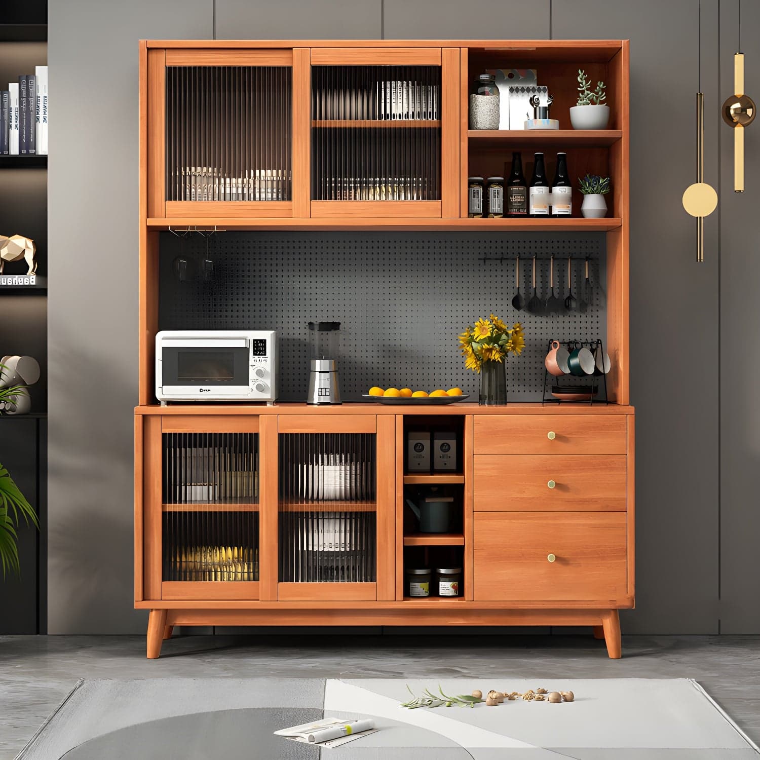 Modern Style Solid Wood Storage Sideboard Cabinet with Glass Doors and Drawers thumbnail 1