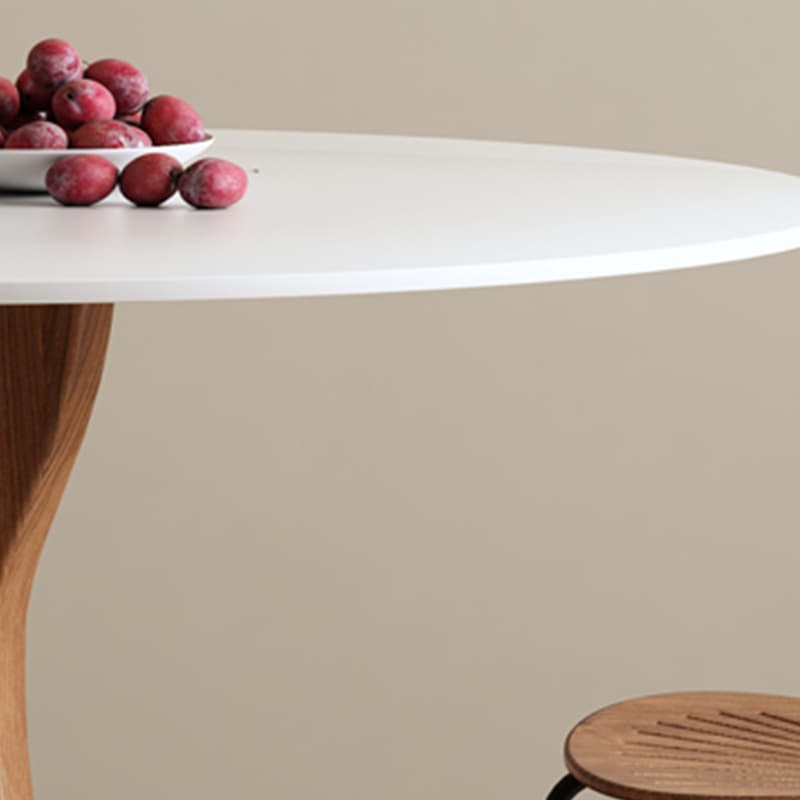 White Stone Round Modern Dining Table with Ash Wood Pedestal Base thumbnail 8