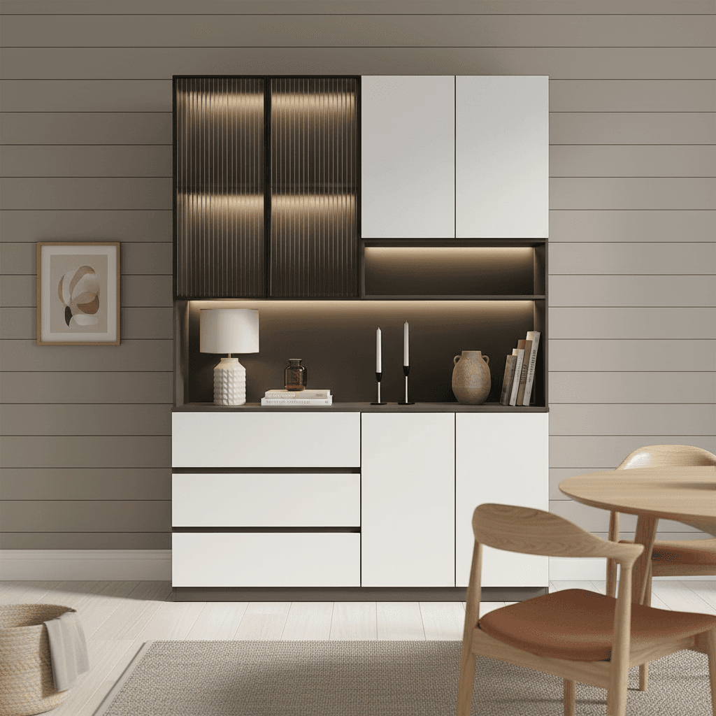 Trendy Sideboard with 3 Drawers, Cupboard, Wide/Standard/Narrow Sizes, 2/1 Shelves, Cabinets, and Glass-panel Door thumbnail 44