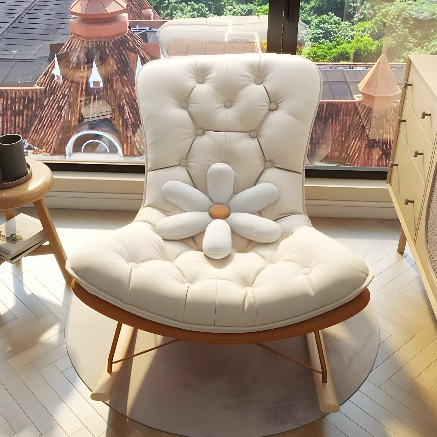 Contemporary Rocking Chair with Spindle Back, Tufted Upholstered and Wood Legs thumbnail 9