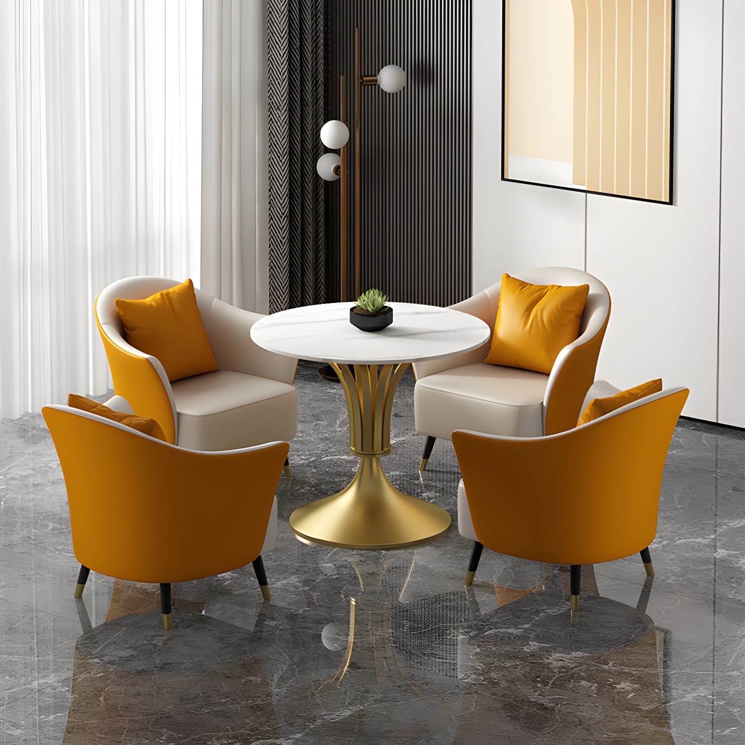 Metal Glam Dining Set with Padded Chairs 1/2/3/5 Pcs White Stone Dining Table Set thumbnail 3