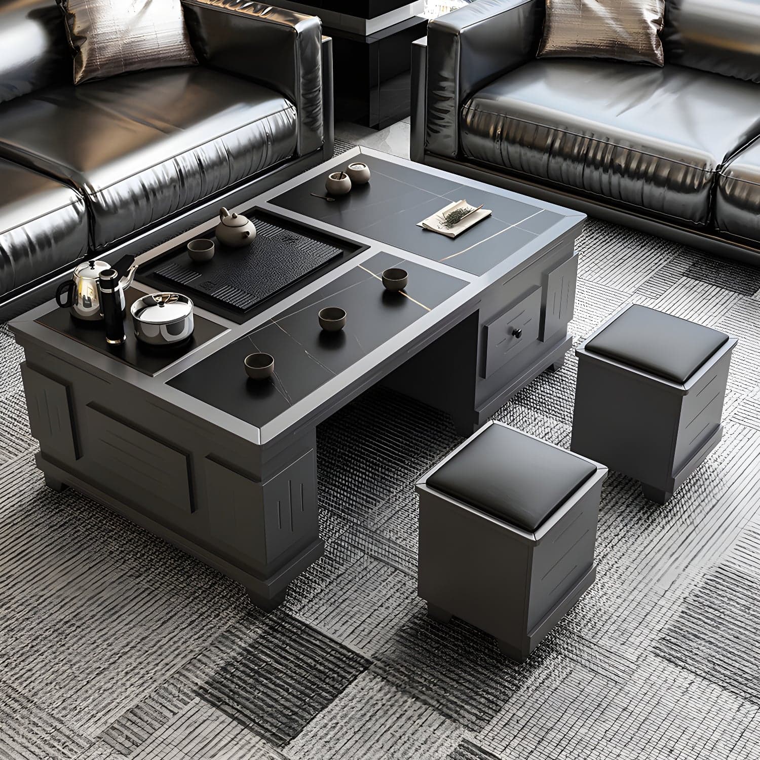 Abstract Slate Coffee Cocktail Table with Storage Drawers Rectangle thumbnail 3