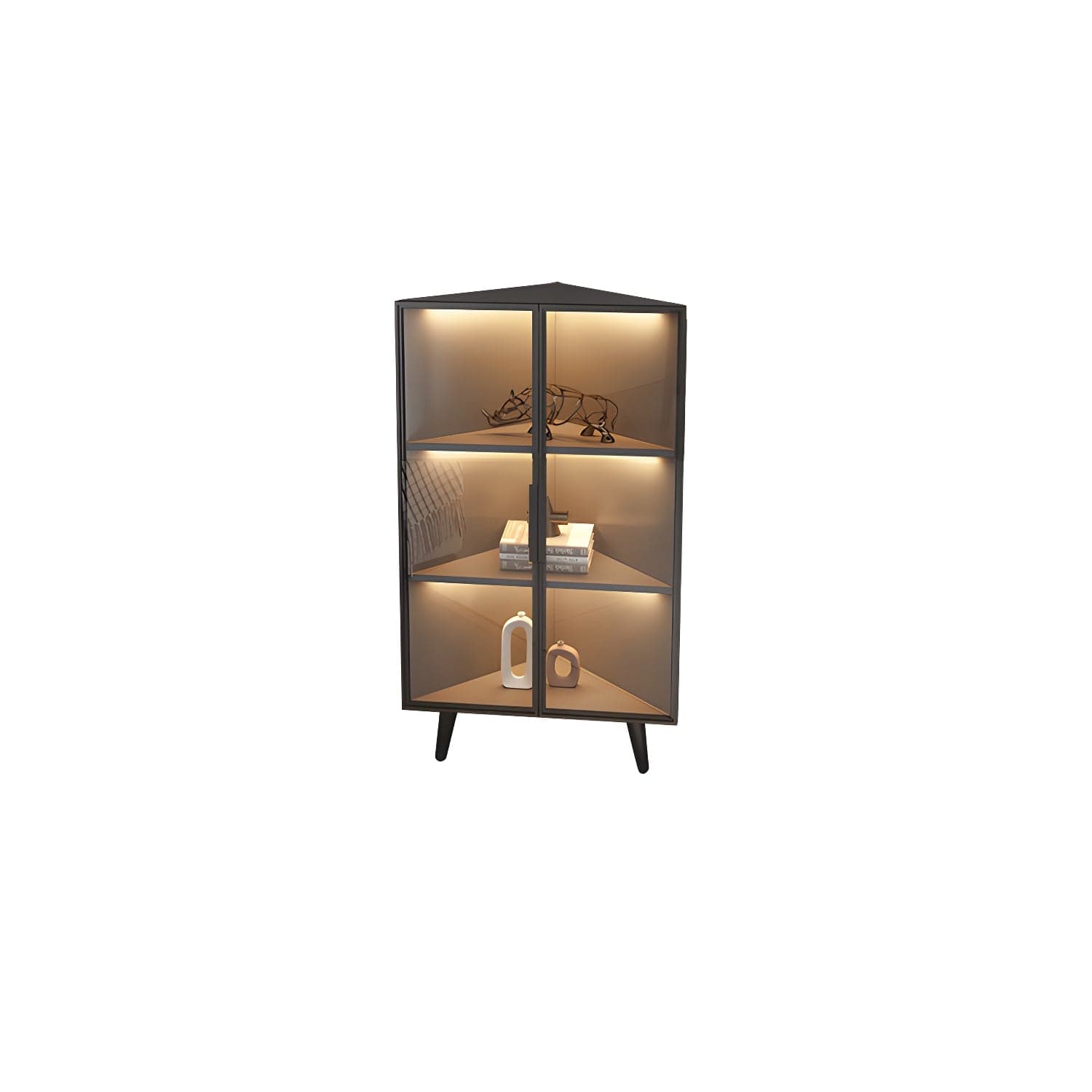Corner Modern Accent Cabinet with Black Metal Base and Glass Doors, Black Wood Counter Top thumbnail 5