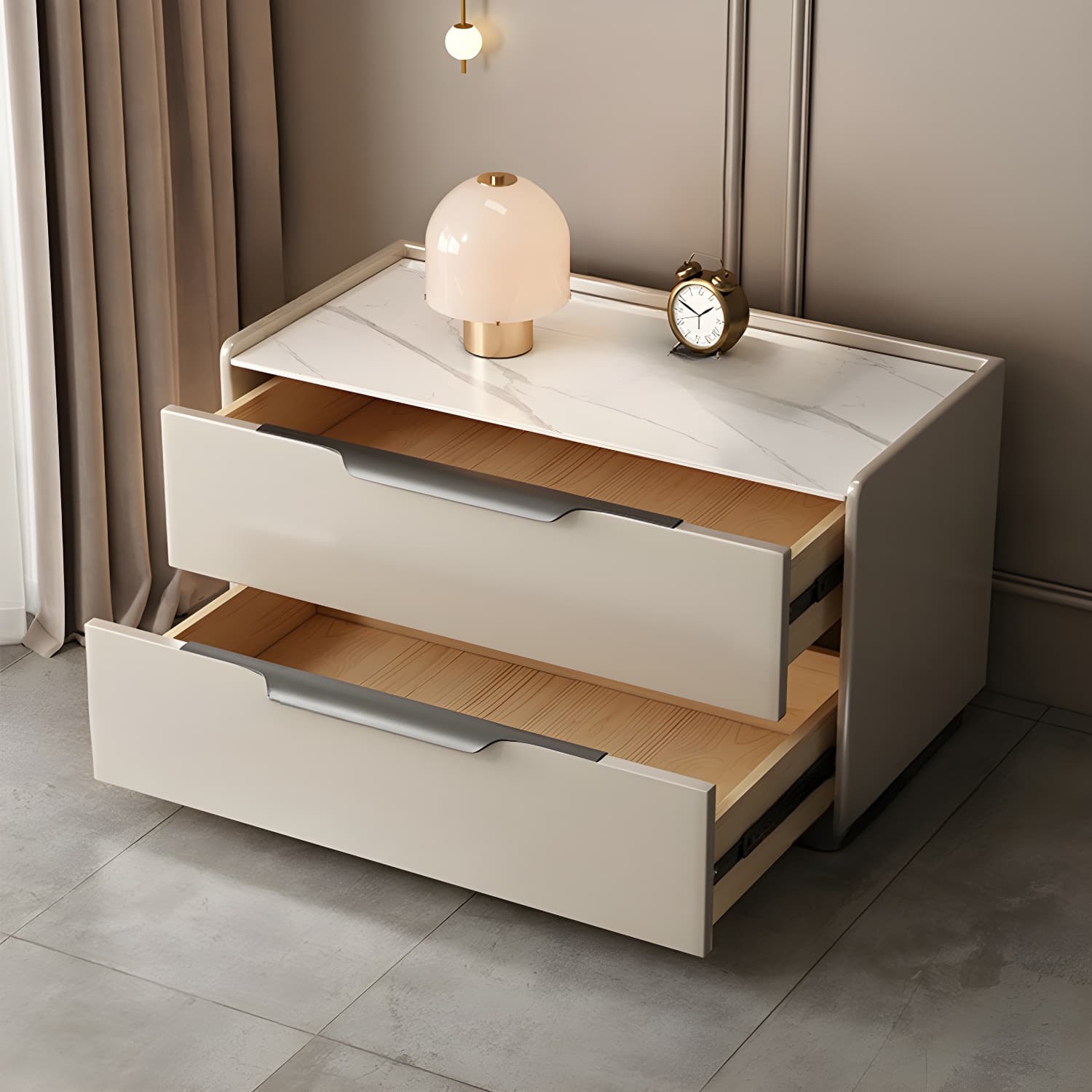 Modern Wooden Nightstand with 2 Drawers in Low Height - Stone Countertop Included thumbnail 6