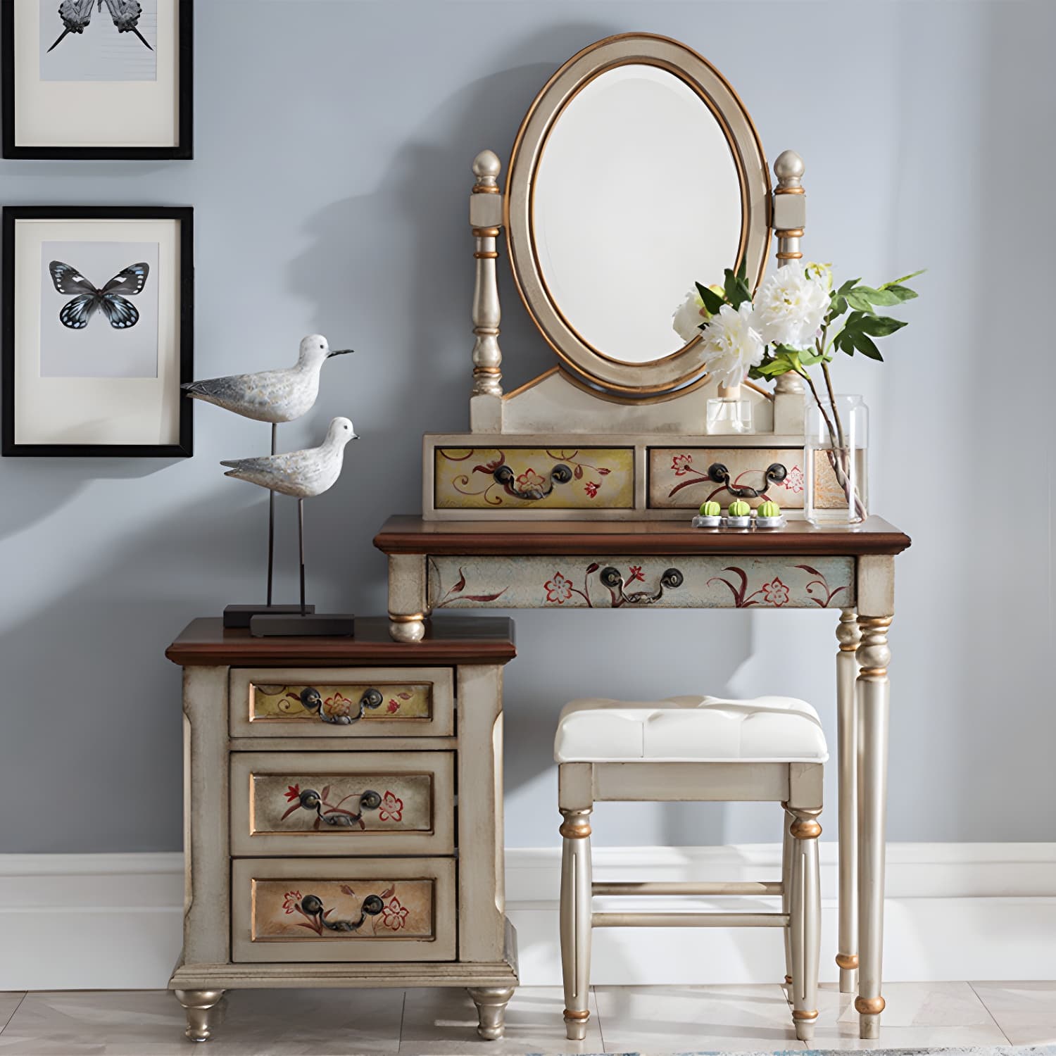 Victorian Vanity Set Solid Wood Drawers Included Makeup Dressing Table With Mirror & Stool thumbnail 5
