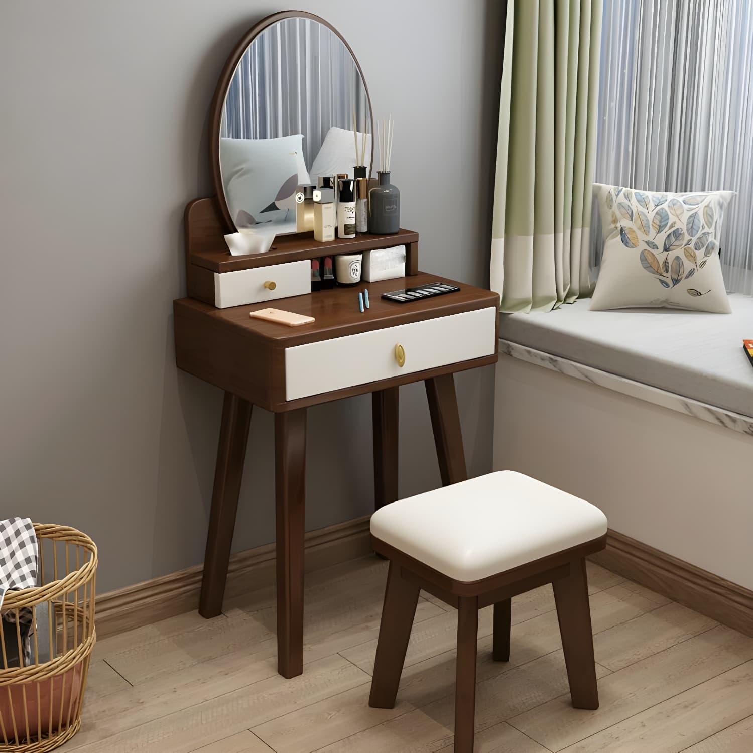 Modern Wood Makeup Vanity with Drawers, Mirror & Upholstered Chair thumbnail 3