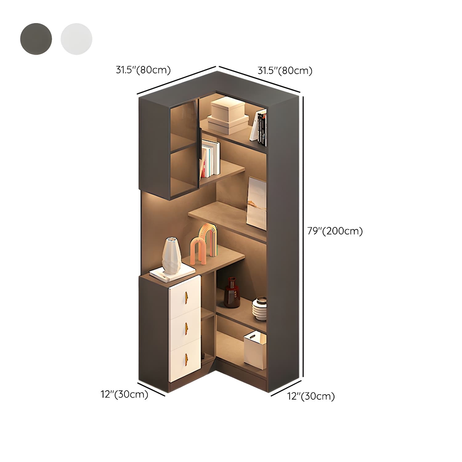 Corner Modern Accent Cabinet with Wood Counter Top, Glass Doors, Drawers, and Adjustable Shelves thumbnail 14