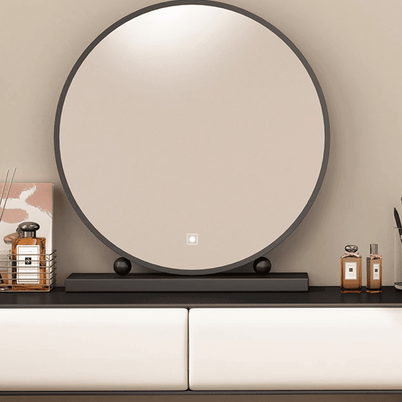 Simplistic Large Vanity Set with Lumber Table Top, Cream Seat, 5 Drawers, and Mirror Lights thumbnail 2