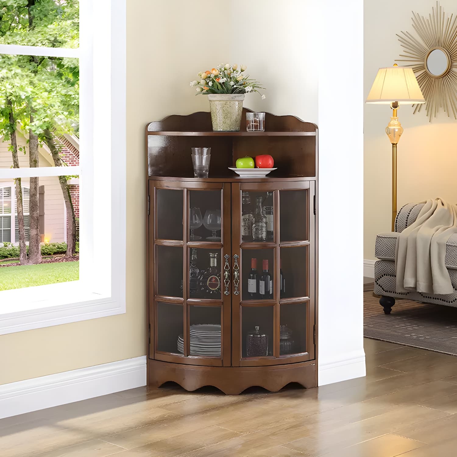 Corner Mid-Century Modern Accent Cabinet with Wood Countertop and Glass Doors thumbnail 5