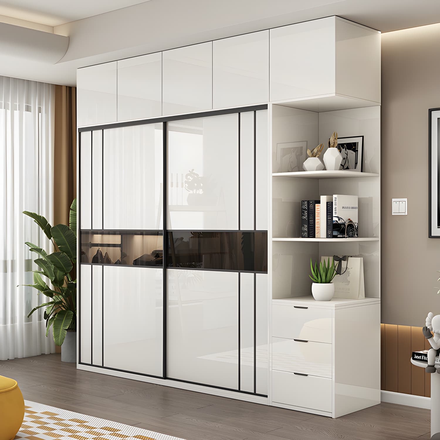 White Colour Wooden Wardrobe Cloth Rod Included Wardrobe Closet with Shelves thumbnail 3