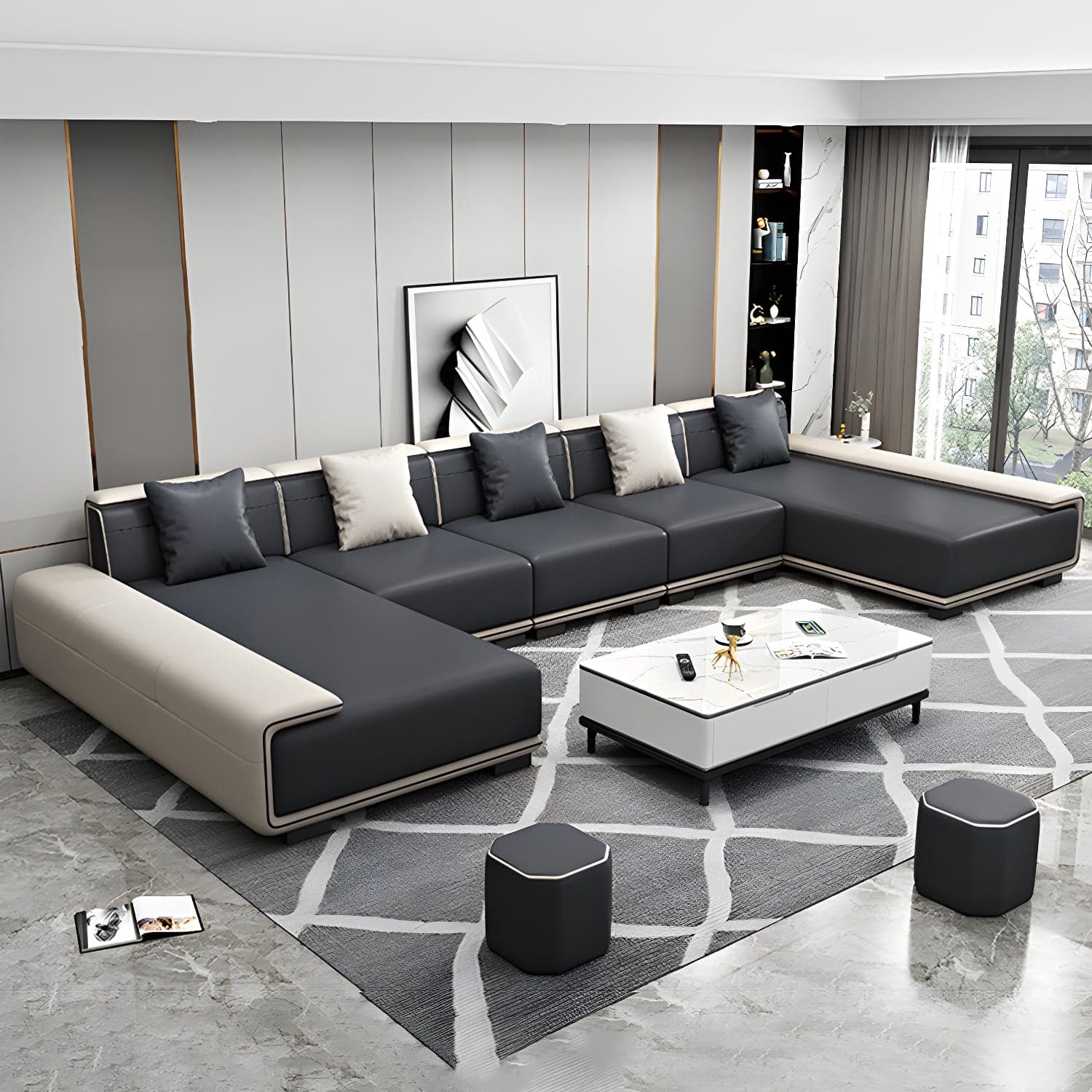Faux Leather Sofa & Chaise with Pillows Modern U Sofa in Gray - 29.53" H