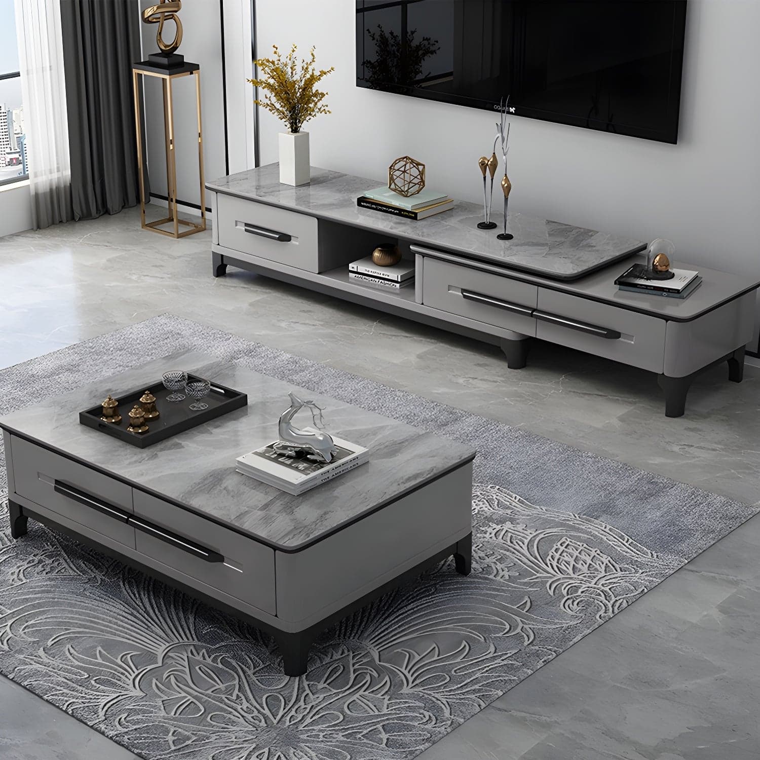 Modern Stone TV Stand with Long Length, Open Storage and Drawers featuring Wood Shelves thumbnail 2