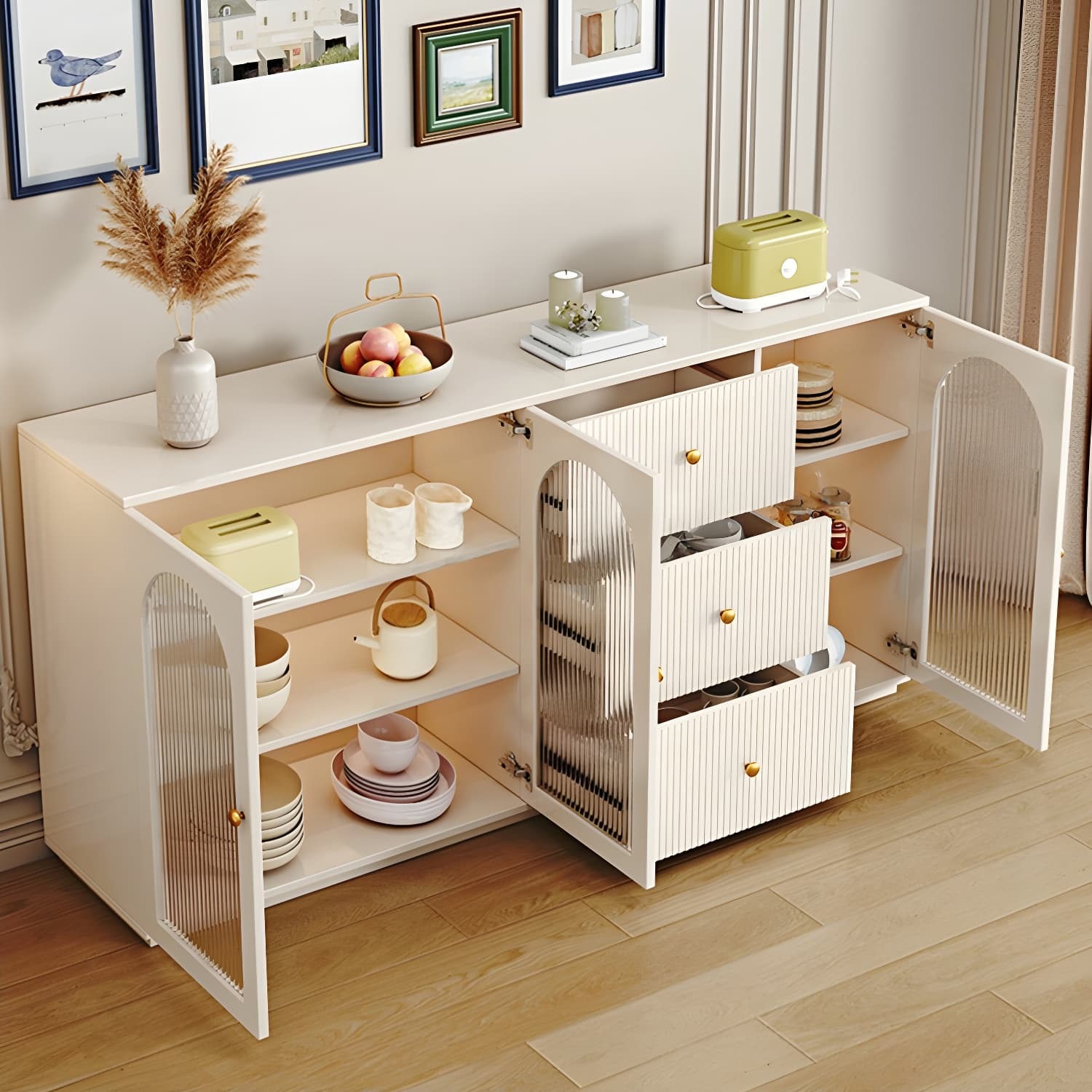 Glam White Wood Sideboard Credenza with Glass Doors and Adjustable Shelves thumbnail 4