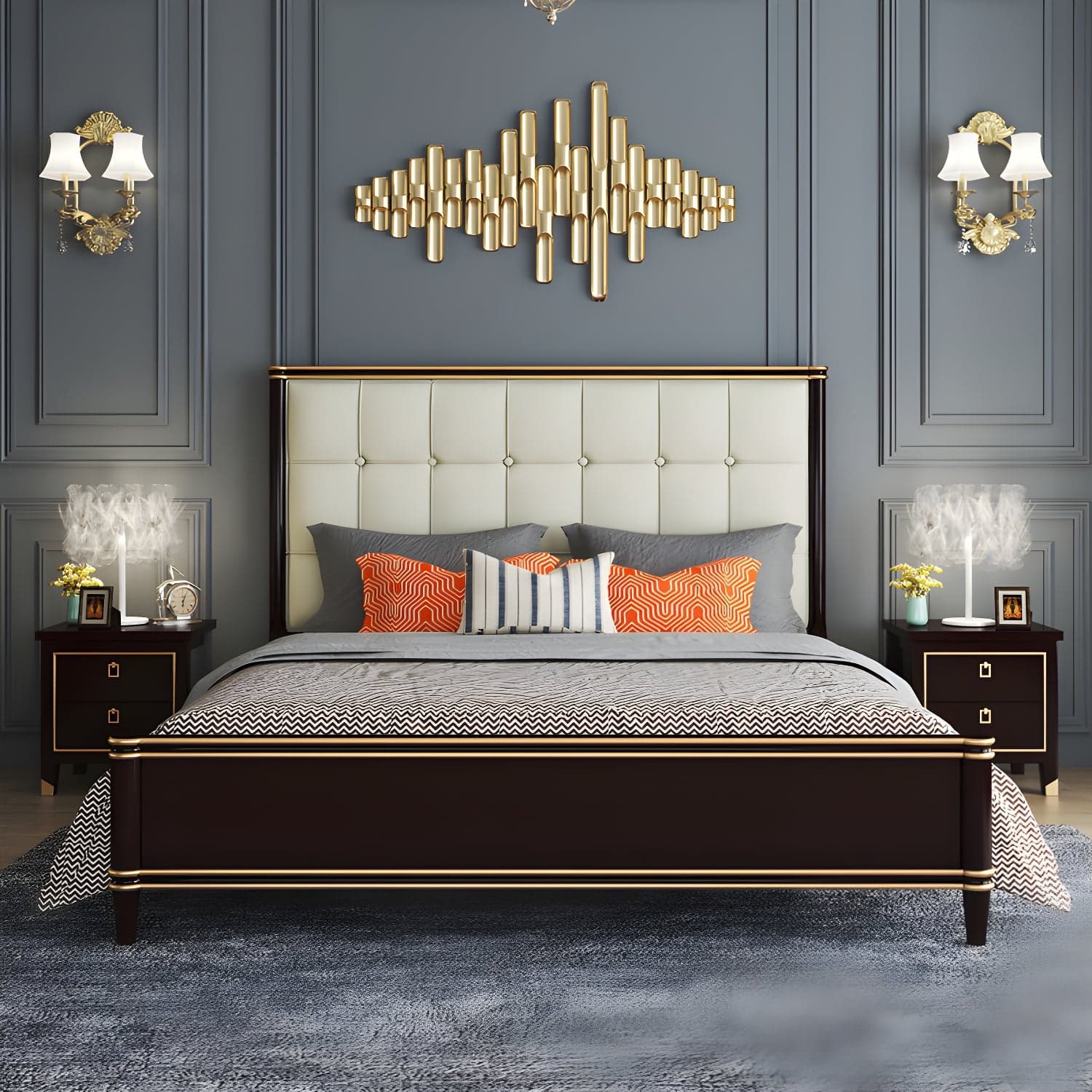 Modern Standard Bed with Tufted Upholstered Headboard and Soild Wood Legs thumbnail 1