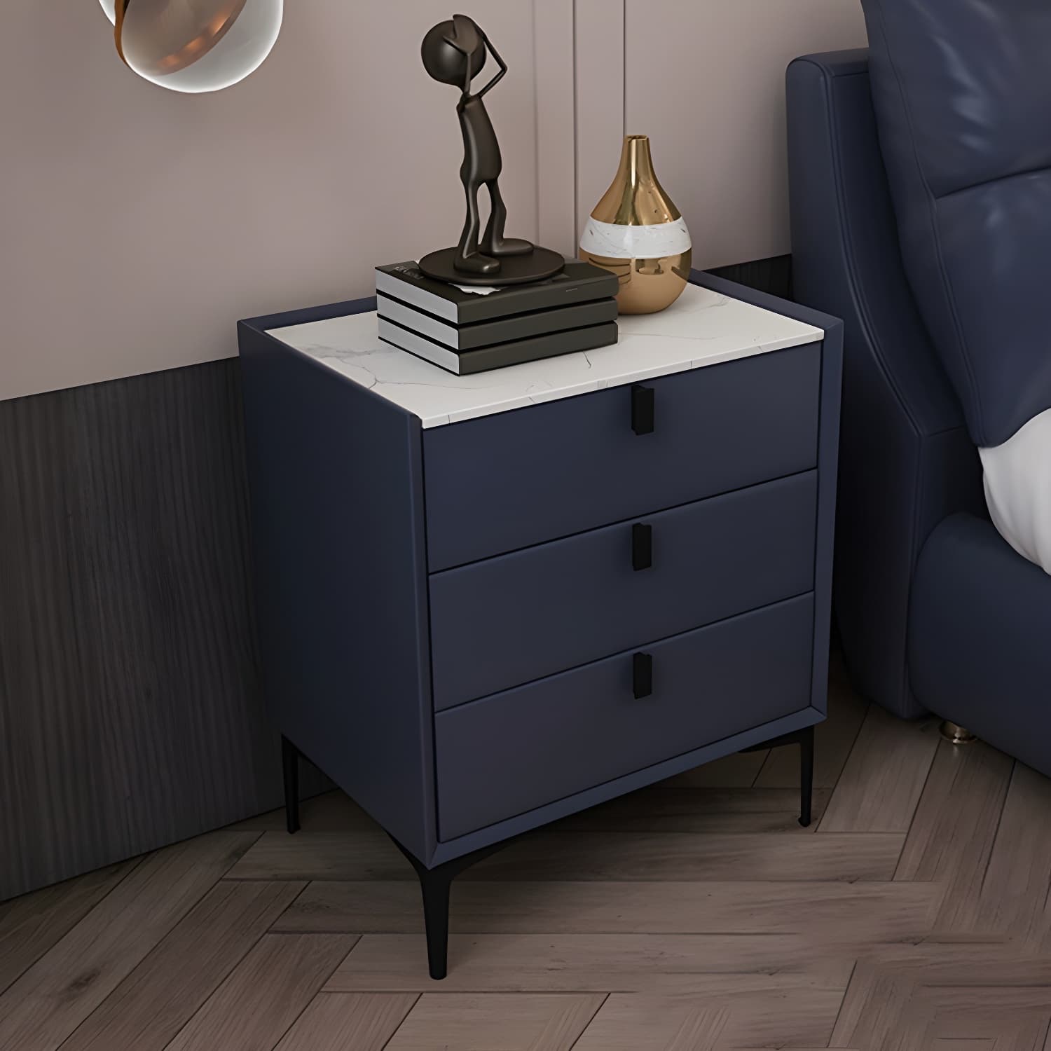 Glam Style Sintered Stone Top 3 Drawers Nightstand for Bedroom thumbnail 2