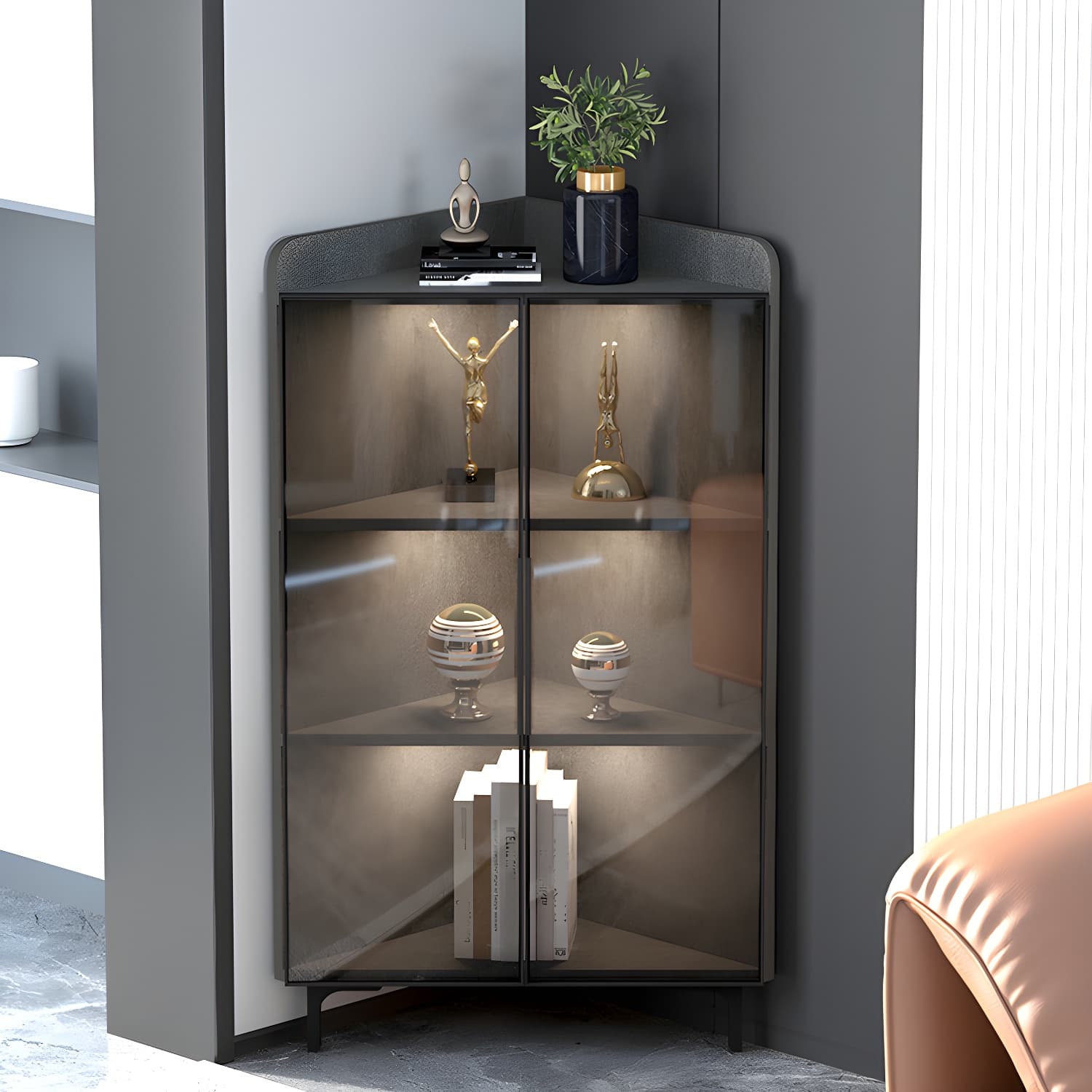 Modern Black Corner Accent. Wood Countertop. Glass Doors. Cabinets included thumbnail 4