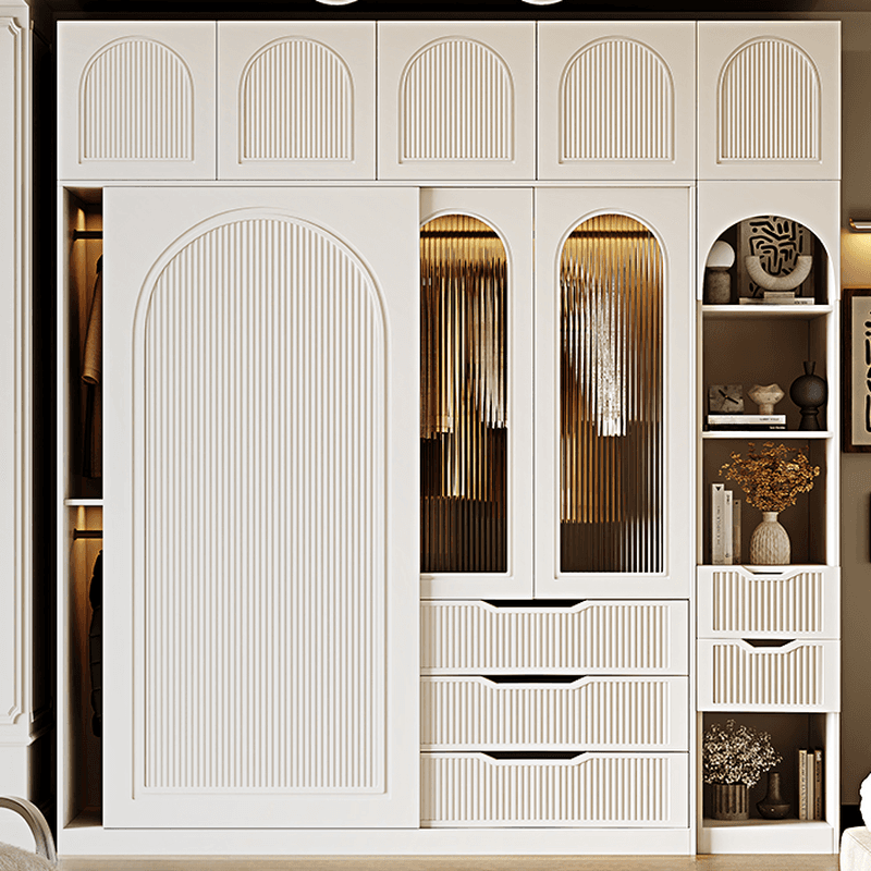 Chalk Composite Wood Cabinet Armoire with Soft Close Drawer, Specular Mirror, Soft Close Door, Interior Shelves, and Clothing Rod thumbnail 3