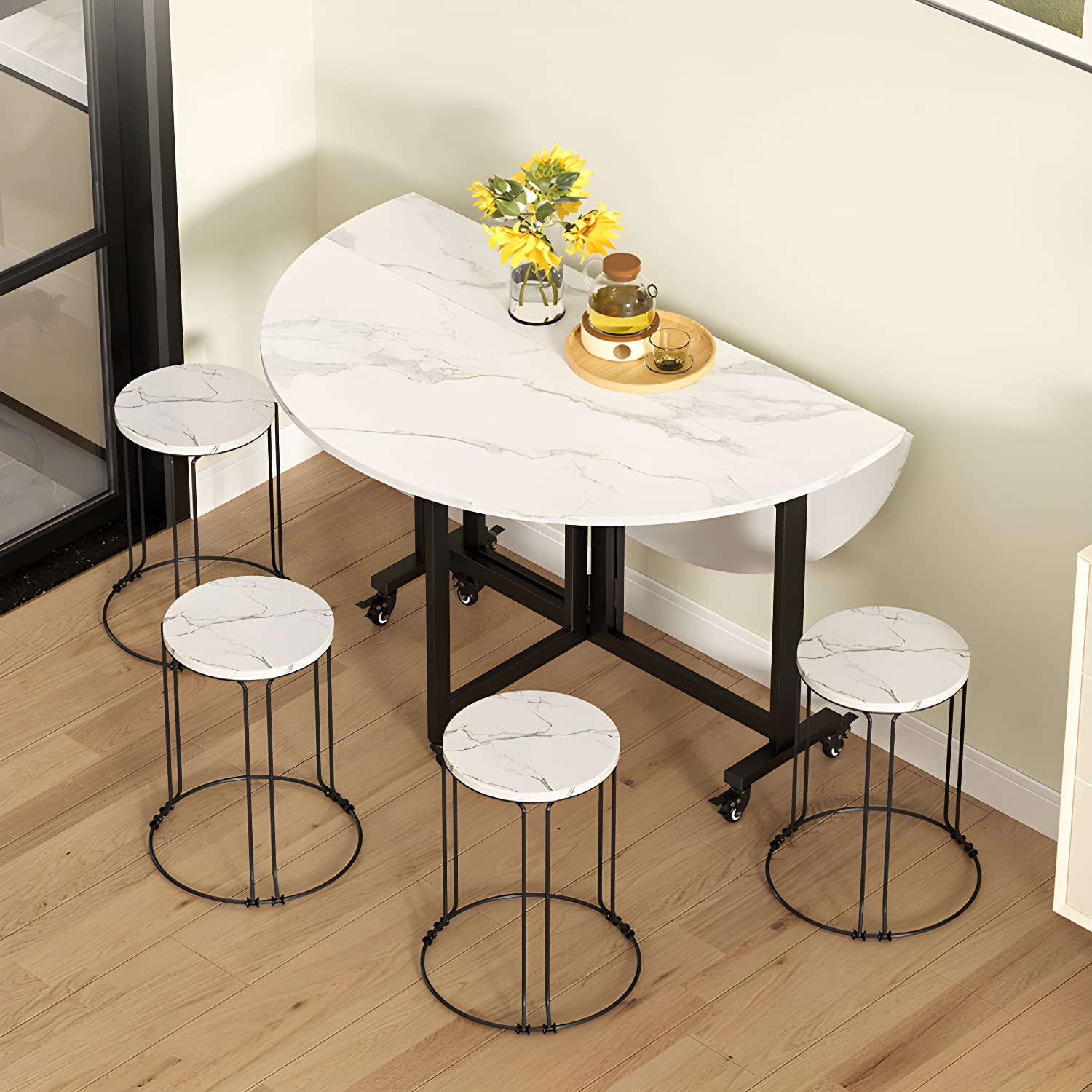 Modern Round Wood Dining Set with Collapsible Table and Leaf Extension - Metal Trestle Base in Black thumbnail 14