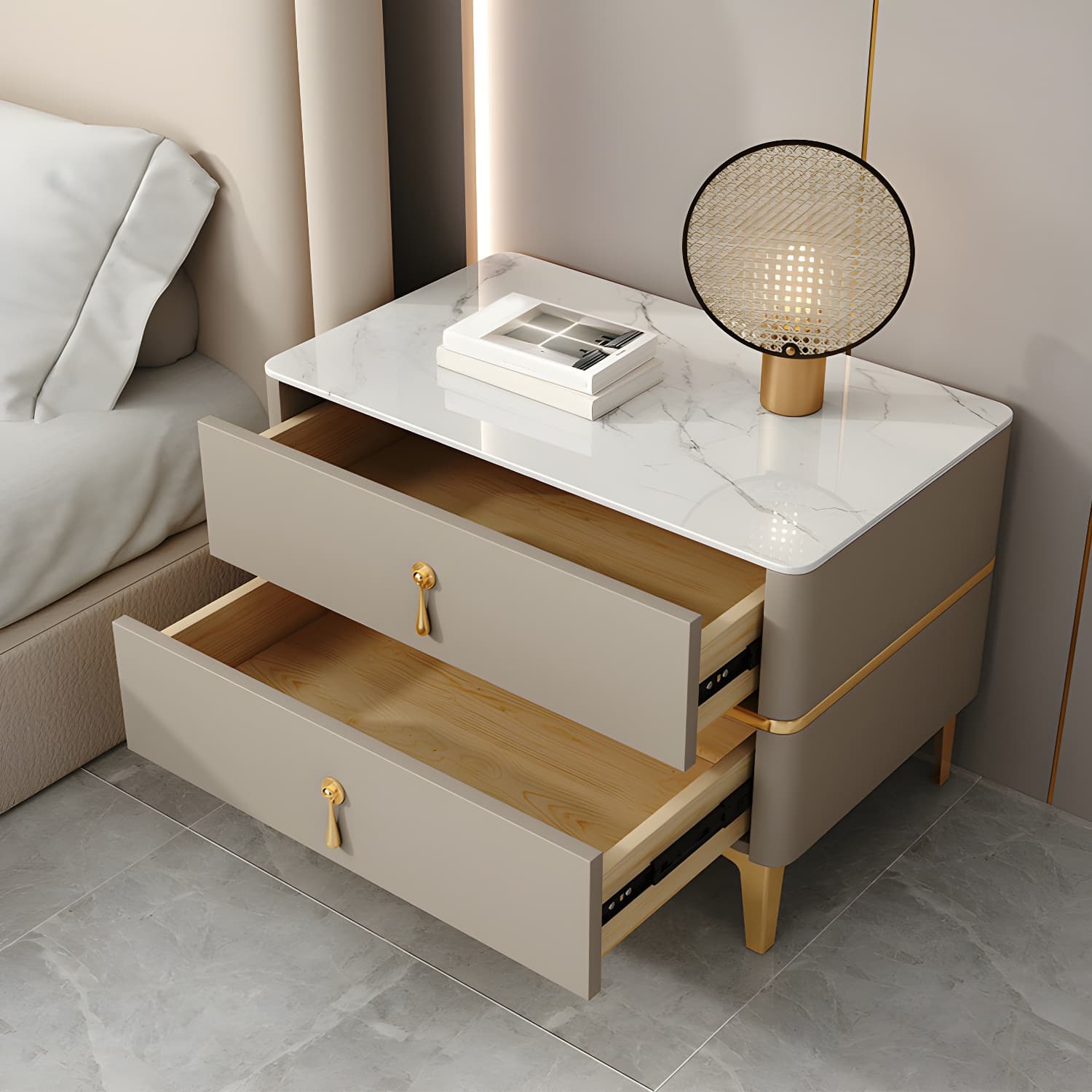 Glam Style Sintered Stone Top 2- Drawer Nightstand with Legs for Bedroom thumbnail 11
