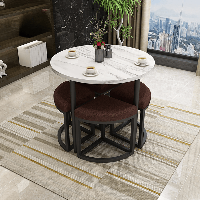 Reclaimed Wood Round Dining Table Set with Metal Toboggan Base and Upholstered Backless Chairs for 4 People thumbnail 21