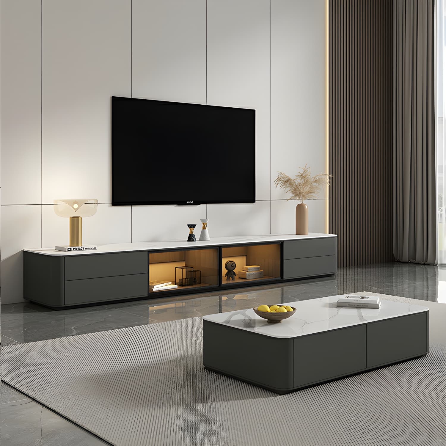Grey Stone TV Stand with Drawers and Cabinet and No Cable Management for Modern-Style Long TVs thumbnail 3