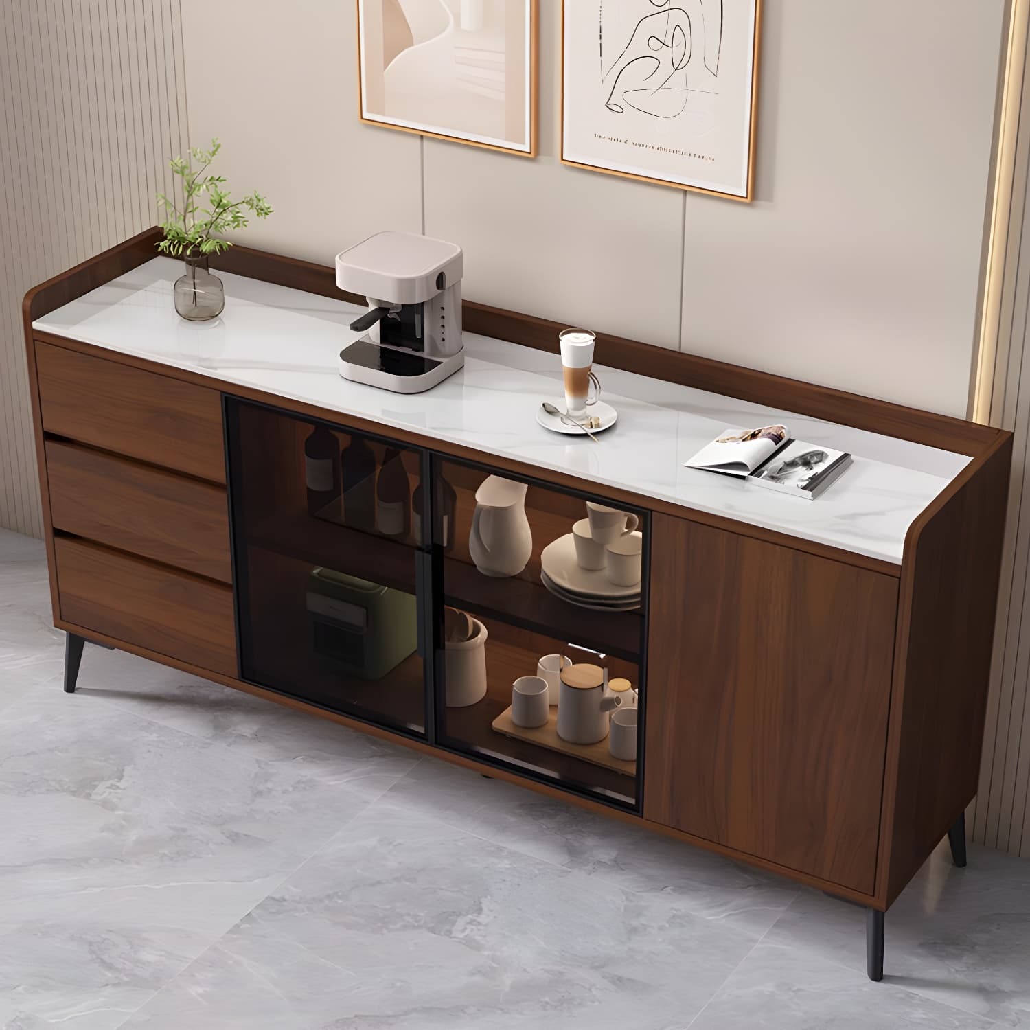 Stone Top Modern Wood Sideboard Credenza with 3 Drawers and Glass Doors thumbnail 8