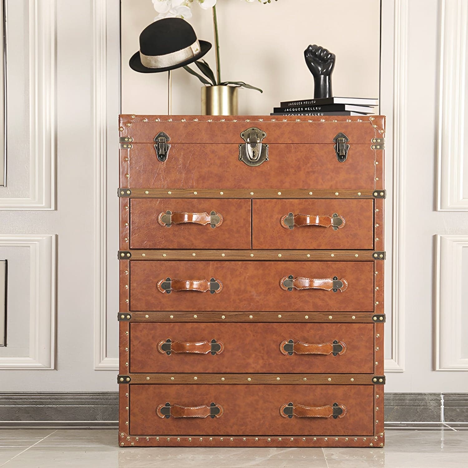 Rustic Leather Chest Vertical Chest with Drawers for Bedroom - image 9