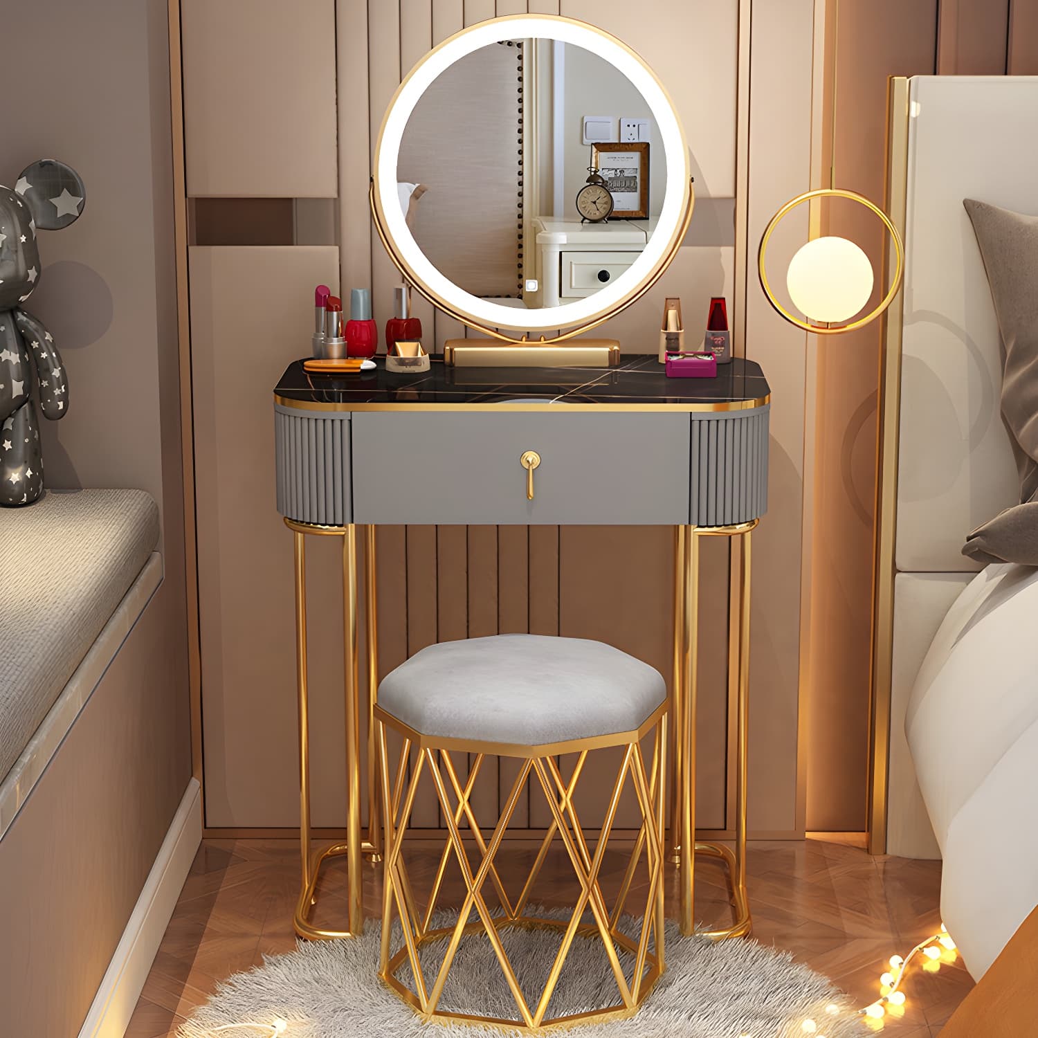 Removable Makeup Counter Bedroom Vanity Dressing Table with Lighted Mirror thumbnail 1
