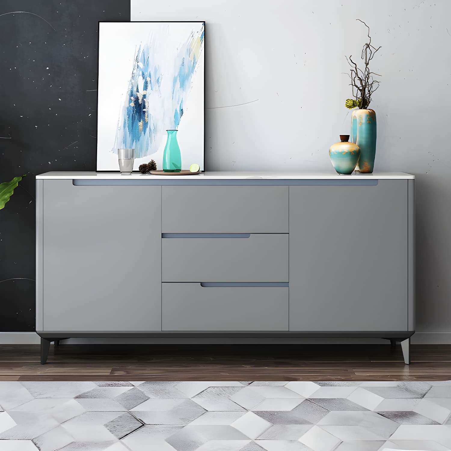 Modern Antique Finish Credenza 3 Drawer Sintered Stone Sideboard Cabinet thumbnail 7
