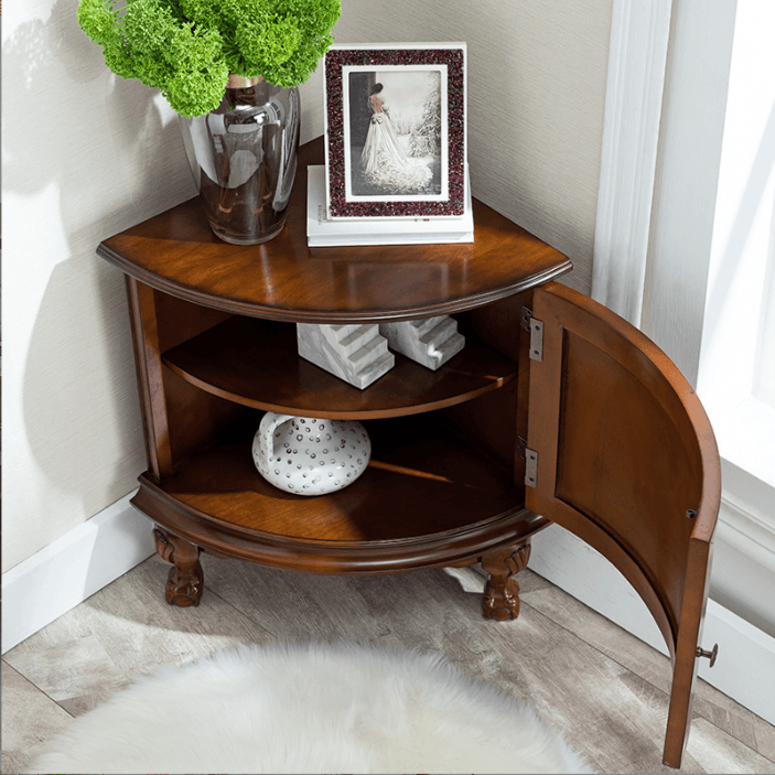 Traditional Medium Brown Corner Accent Cabinet with Wood Countertop and Exterior Shelving thumbnail 3