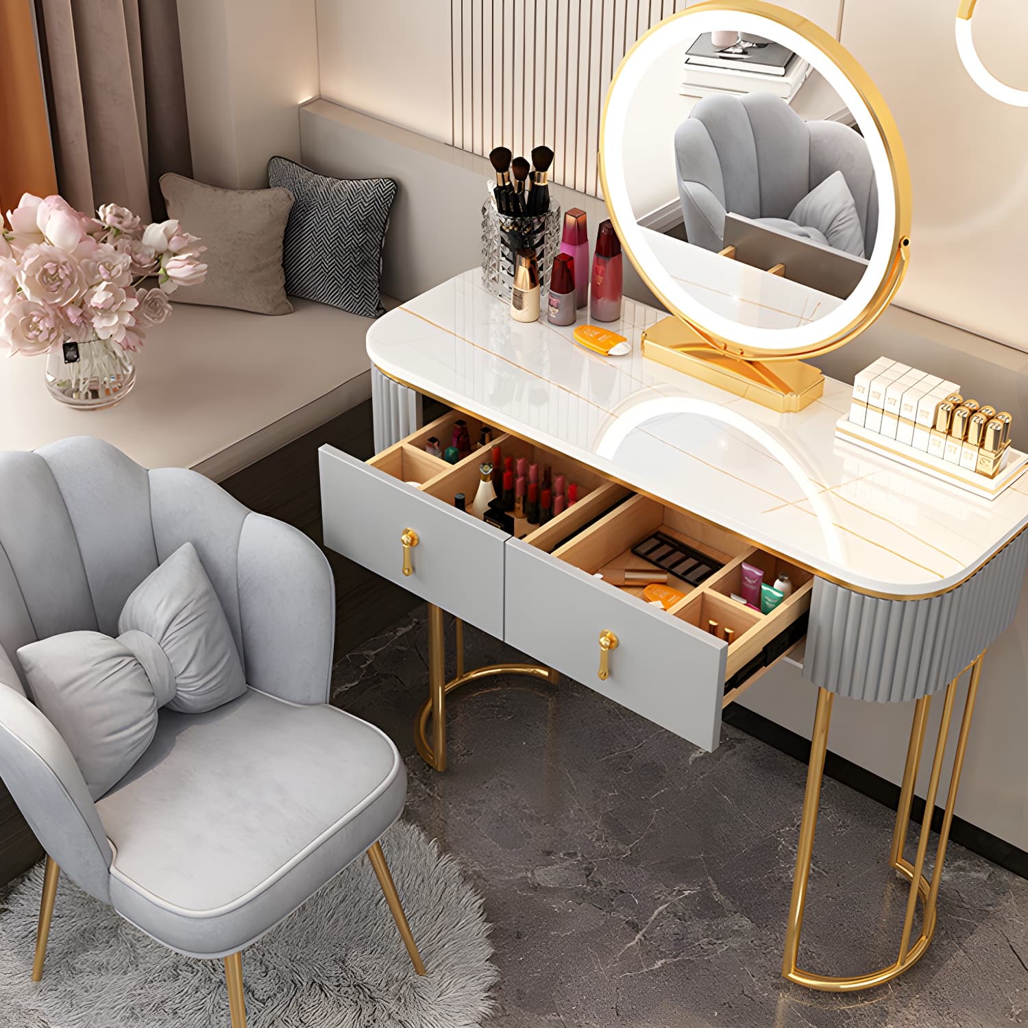 Lighted Mirror Makeup Vanity Storage Box Vanity Dressing Table for Bedroom thumbnail 8