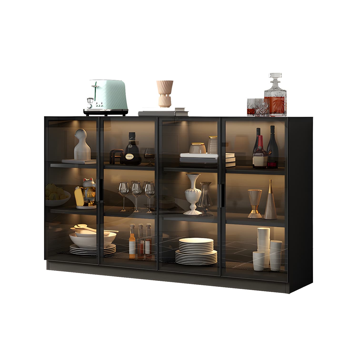 Black Modern Wood Sideboard Credenza with Glass Doors and Interior Shelves thumbnail 5