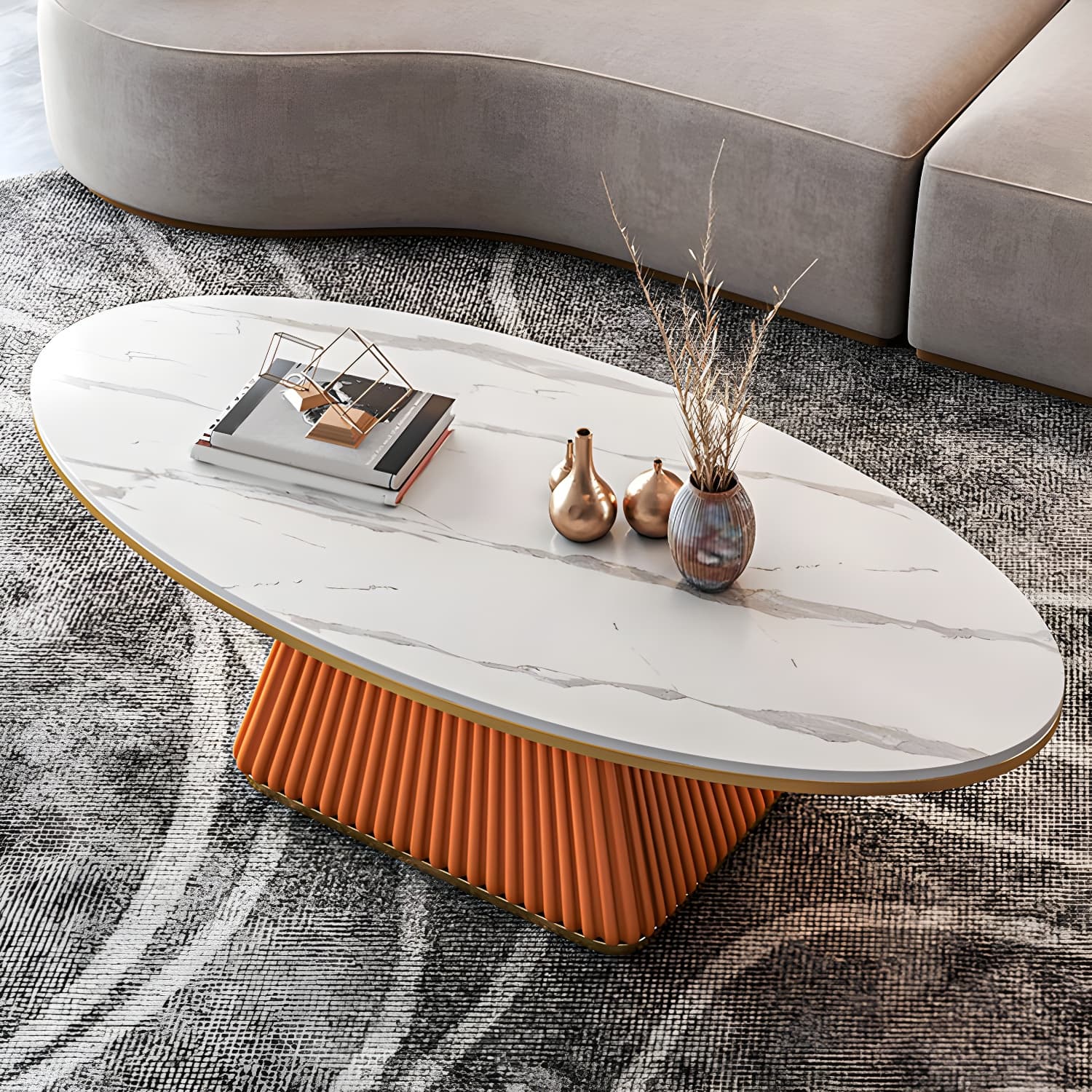 Glam Metal and Slate Cocktail Table Pedestal Coffee Table for Living Room thumbnail 5