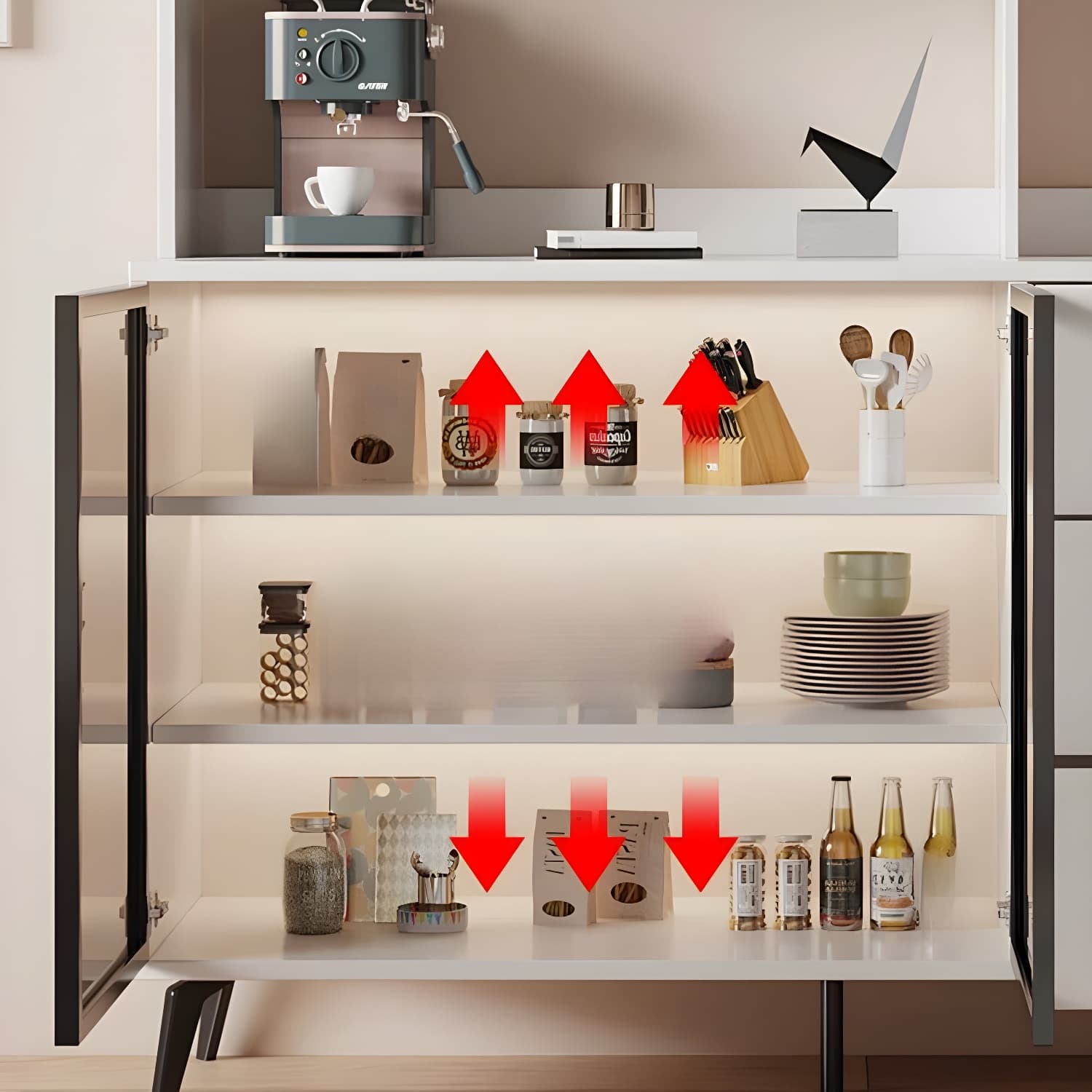 Glass Door Modern Wooden Kitchen Sideboard with Adjustable Shelving thumbnail 6