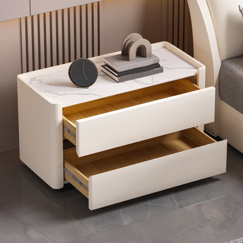 Modern Faux Leather Nightstand with 2 Drawers in Stone Countertop thumbnail 13