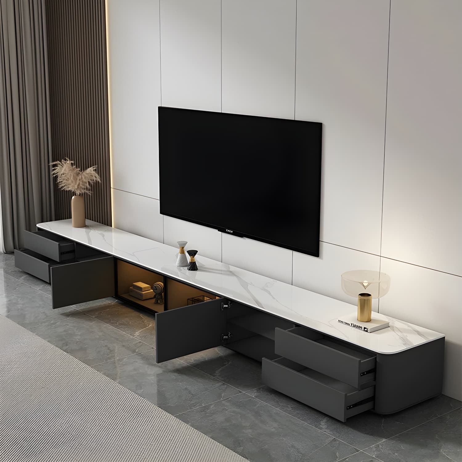 Grey Stone TV Stand with Drawers and Cabinet and No Cable Management for Modern-Style Long TVs thumbnail 8