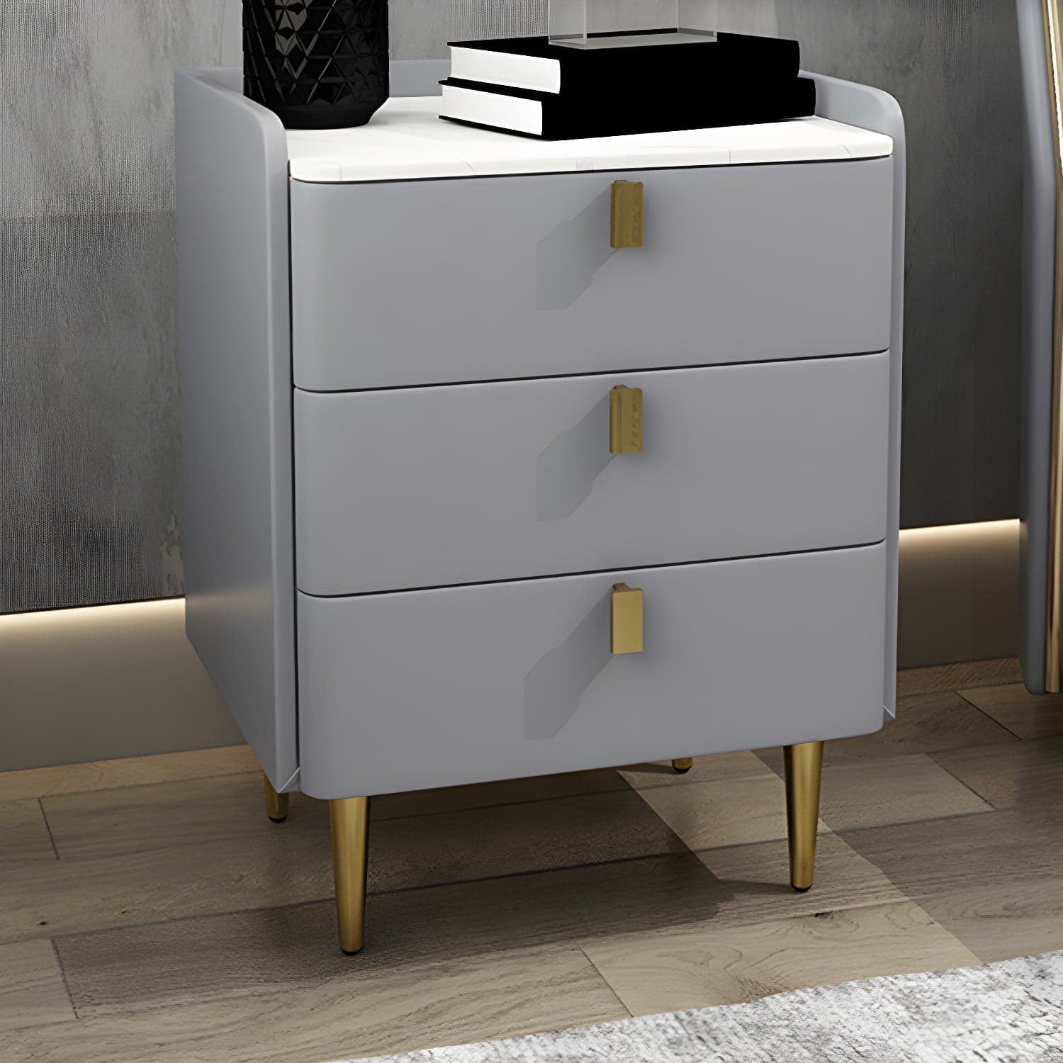 Faux Leather Nightstand Modern 3 - Drawer Nightstand with Stone Top thumbnail 5