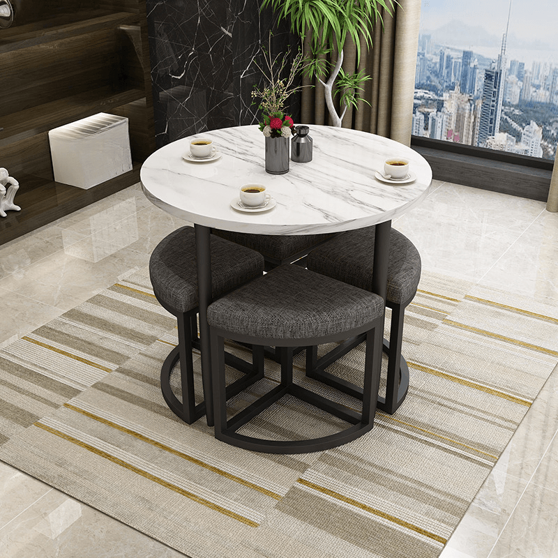 Reclaimed Wood Round Dining Table Set with Metal Toboggan Base and Upholstered Backless Chairs for 4 People thumbnail 39