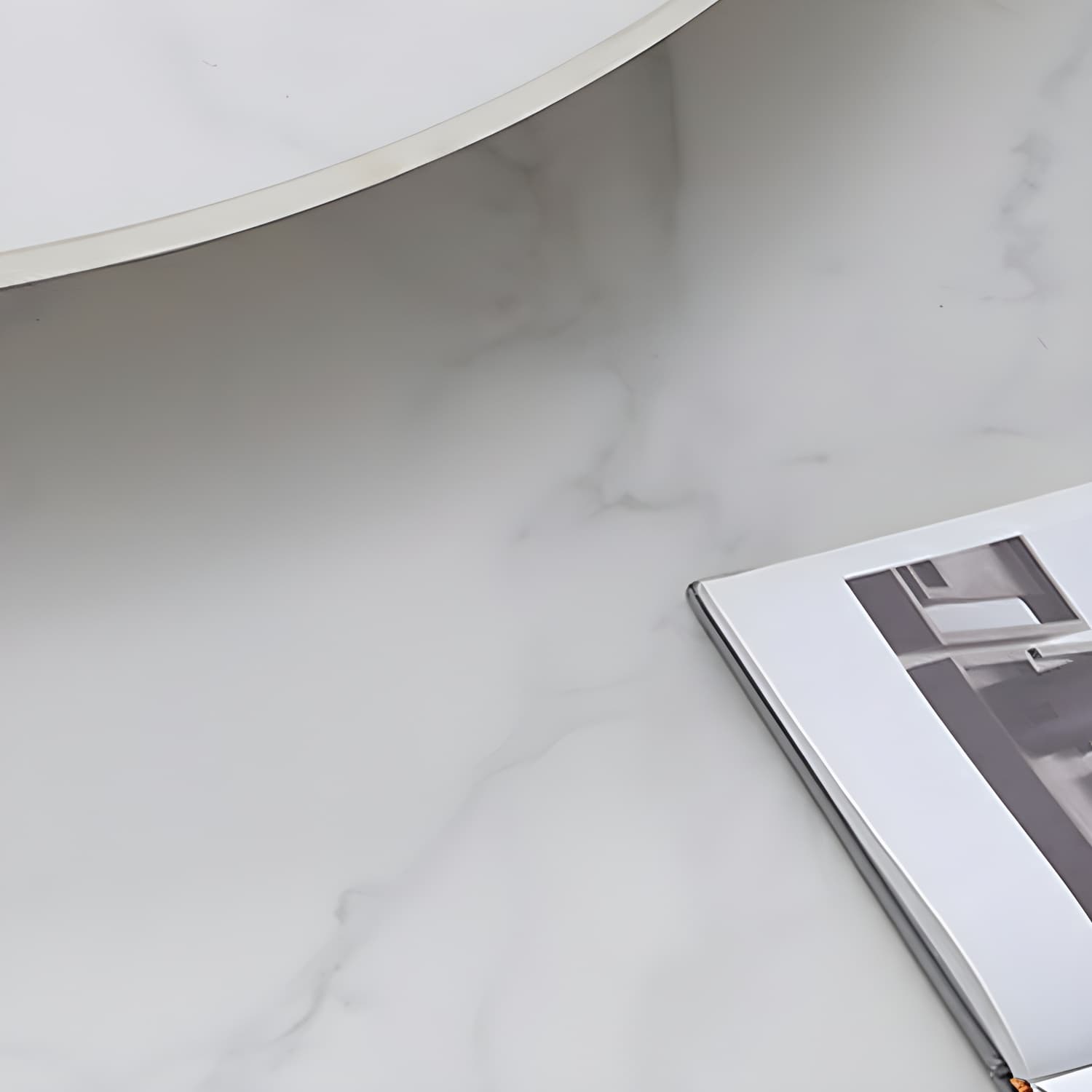 Set of Two Modern Round Black Coffee Tables with White Stone Tops and Iron Pedestal Bases thumbnail 8