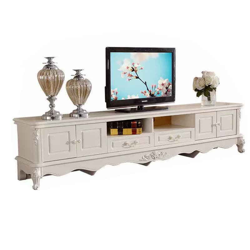White Wood TV Stand with Drawers and Cabinets featuring Cable Management thumbnail 8